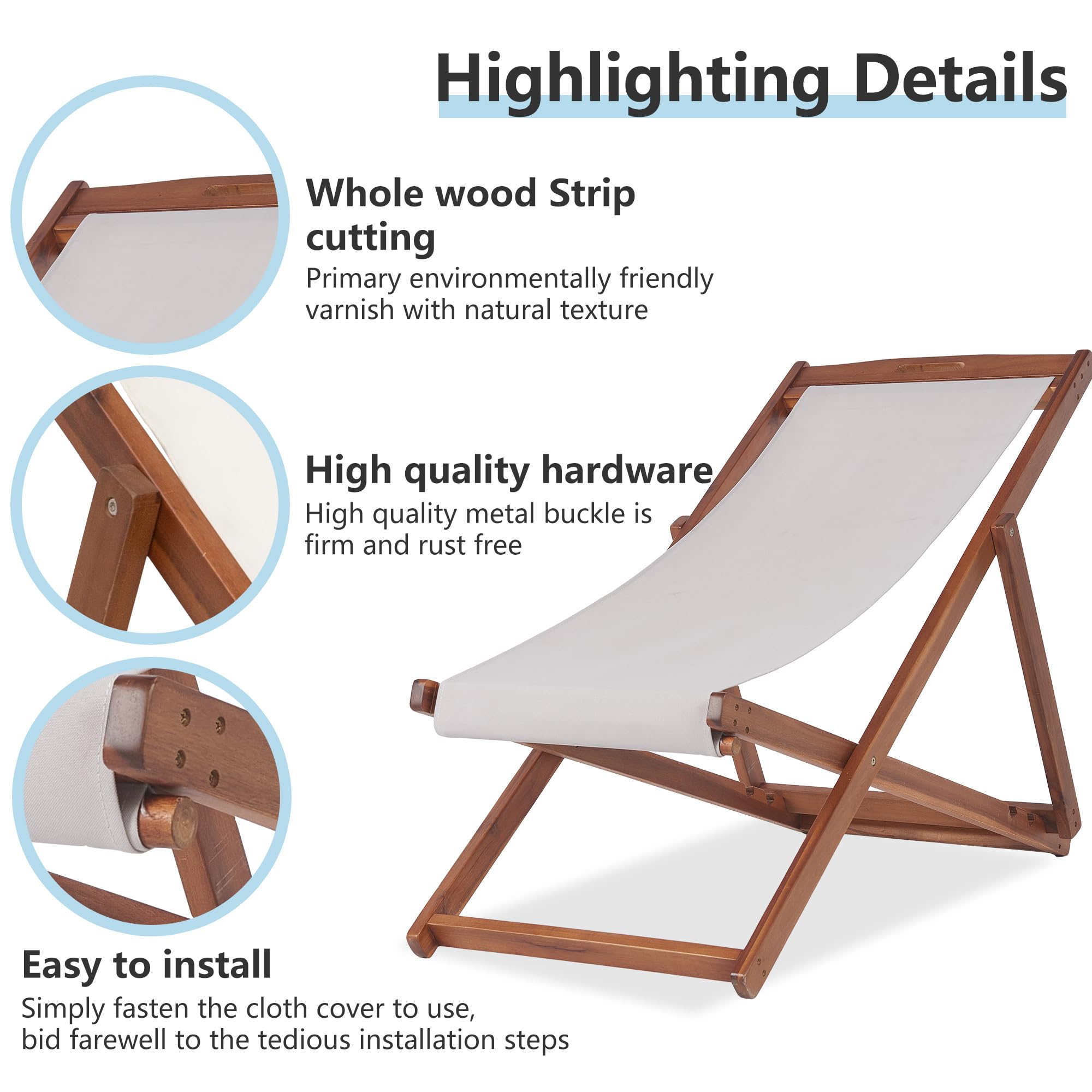 2-Pack Outdoor Wooden Patio Lounge Chairs - Adjustable 3-Level Reclining Beach Chairs with Solid Wood Frame & Polyester Canvas (Grey) - Perfect for Backyard, Poolside, Beach & Garden Relaxation