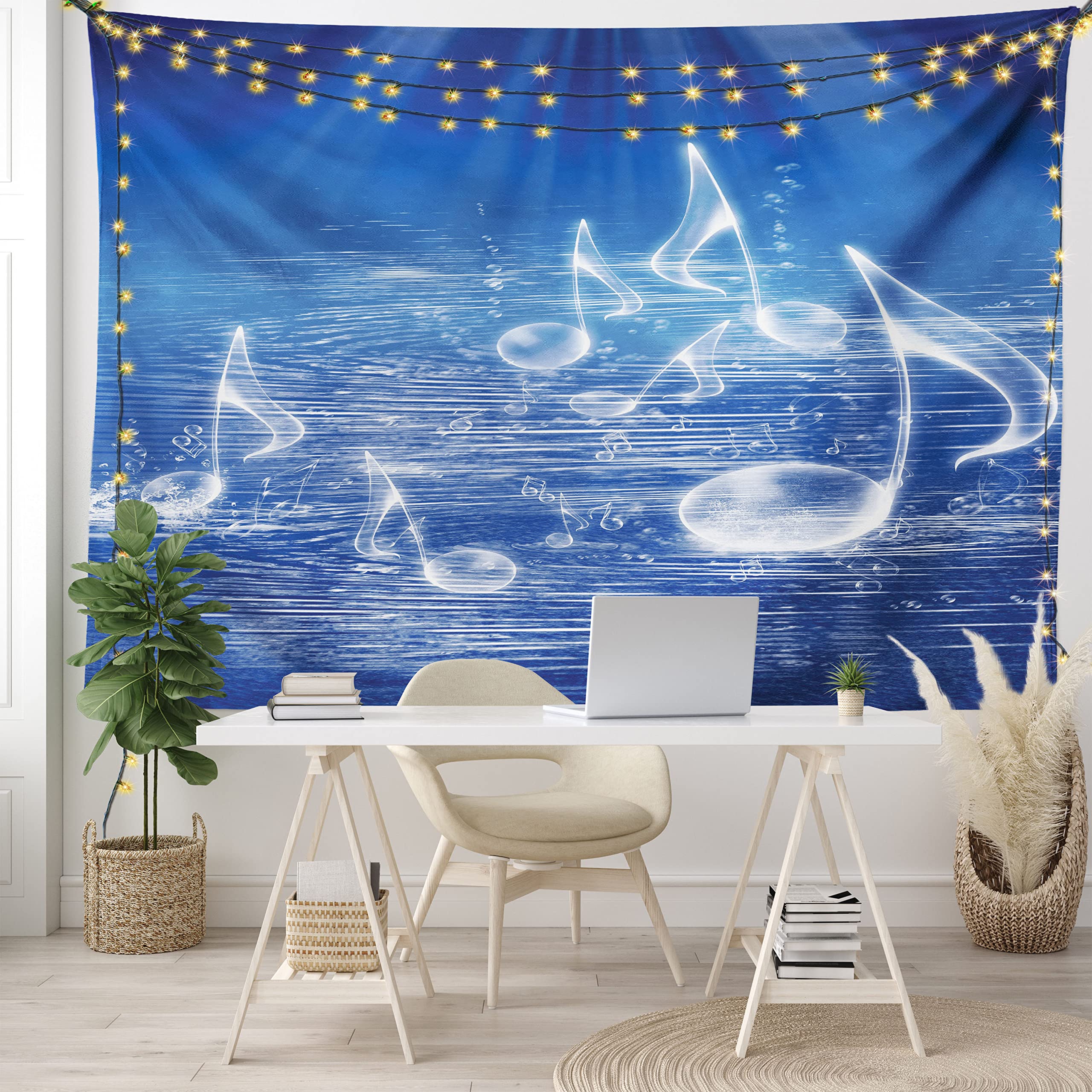 Ambesonne Music Themed Tapestry - Water Musical Notes & Dancing Waves Fantasy Design, Blue & White Fabric Wall Hanging Decor for Bedroom, Living Room, Dorm (28x23 Inches) - Perfect for Music Lovers' Room Decor & Boho Style Home Aesthetics