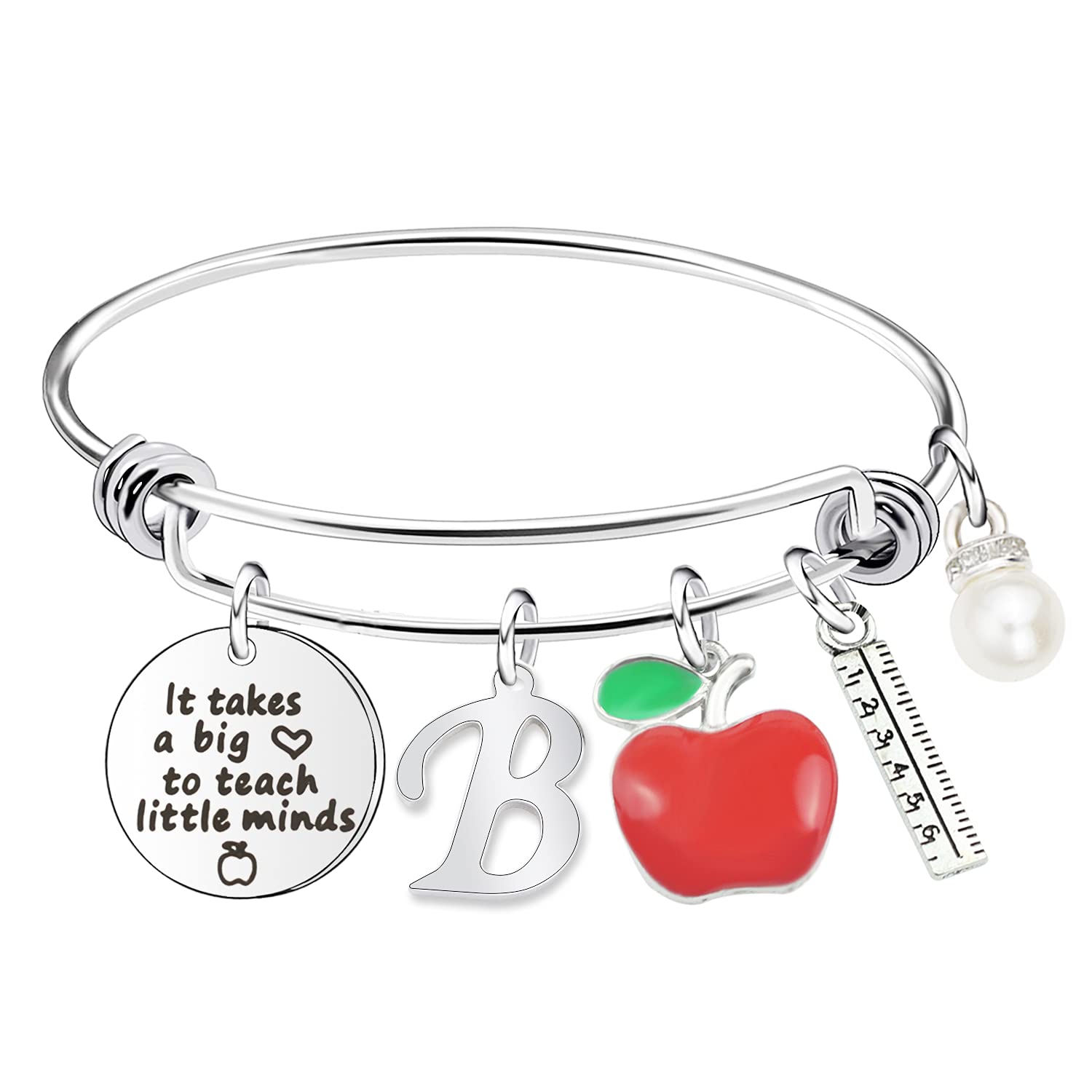 Scwasen Initial Teacher Bracelet for Women - Heart Shaped Teacher Appreciation Gift with 'It Takes a Big Heart to Teach Little Minds' Engraved - Perfect Thank You Present for Teachers Day, Graduation, Retirement & Classroom Gifts