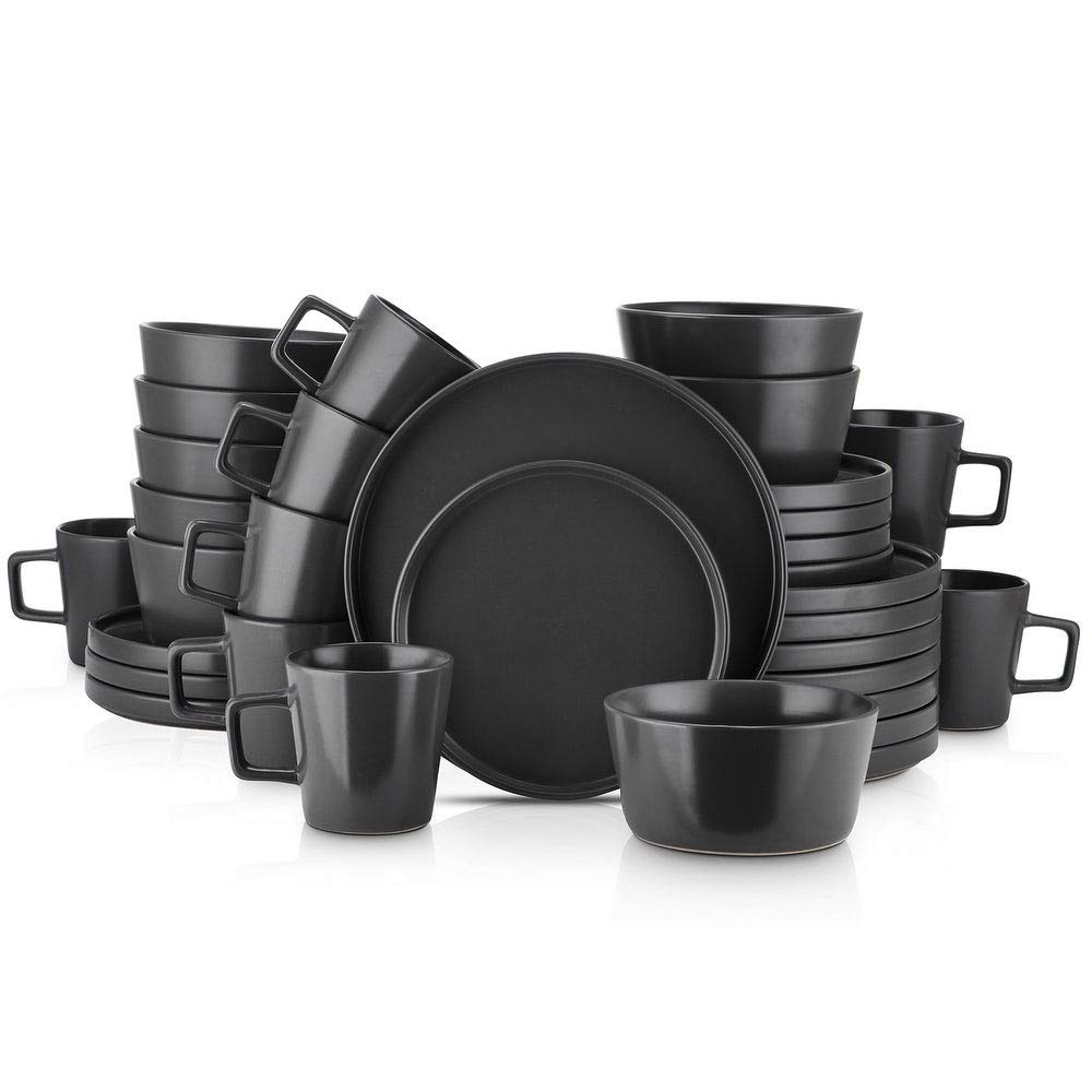 Premium 16-Piece Black Stoneware Dinnerware Set - Includes Dinner Plates, Salad Plates, Soup Bowls & Coffee Mugs - Elegant Table Setting for Family Meals, Dinner Parties & Restaurant Use