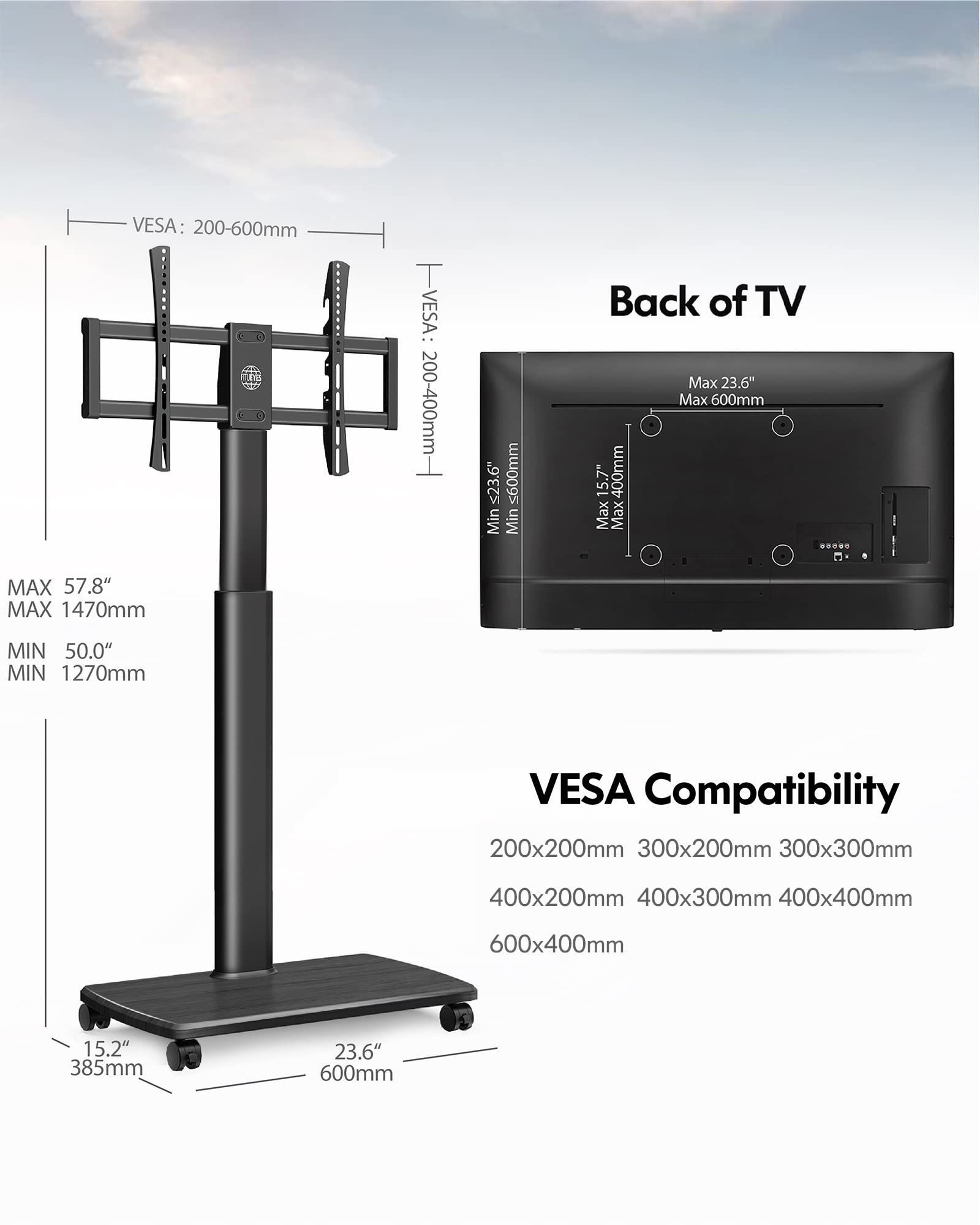 FITUEYES Universal Rolling TV Stand for 32-70 Inch TVs - Height Adjustable Mobile TV Cart with Wheels & Swivel Mount - Sturdy Black TV Floor Stand for Bedroom, Living Room, Dorm, Office & Outdoor Use