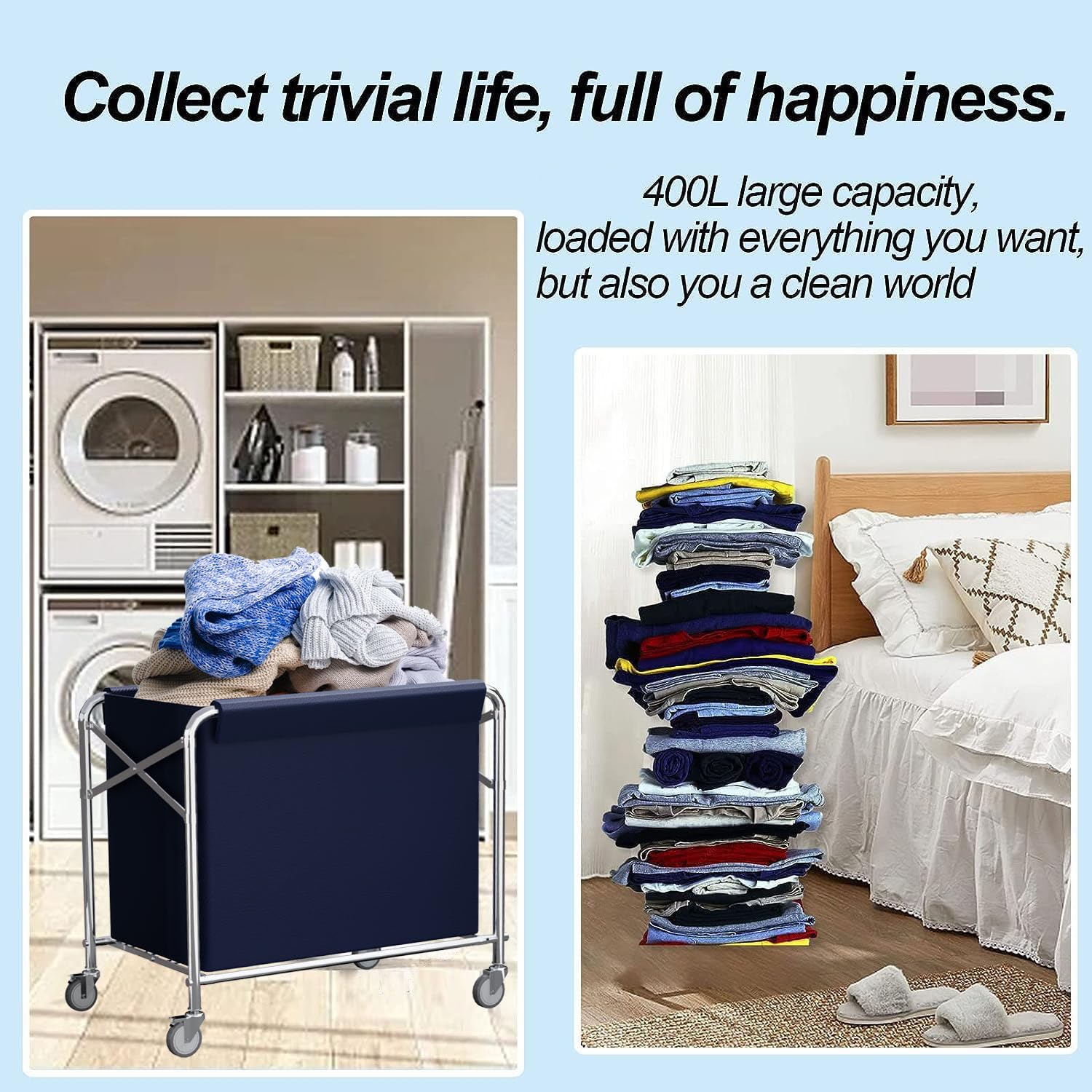 Heavy Duty Collapsible Laundry Cart on Wheels - 12 Bushel (400L) Capacity, 300 LB Weight Limit with Removable Liner Bag - Large Folding Commercial Laundry Basket for Home, Laundromat, Dorm, and Hotel Use