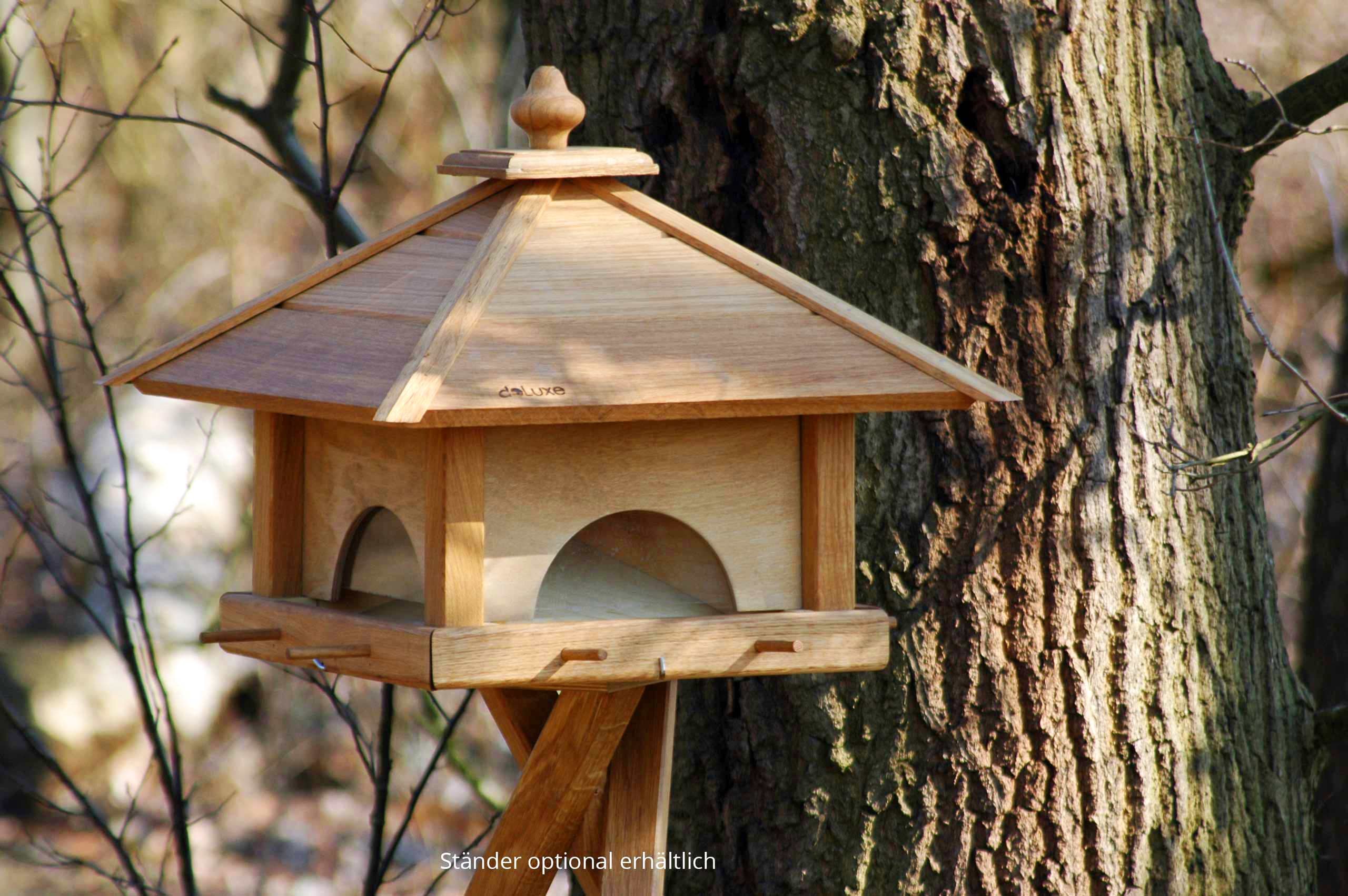 Premium Large Oak Bird Feeder with 4 Drawers, Silo & 8 Landing Rods - 49x49x39cm - Outdoor Garden Decoration for Attracting Wild Birds