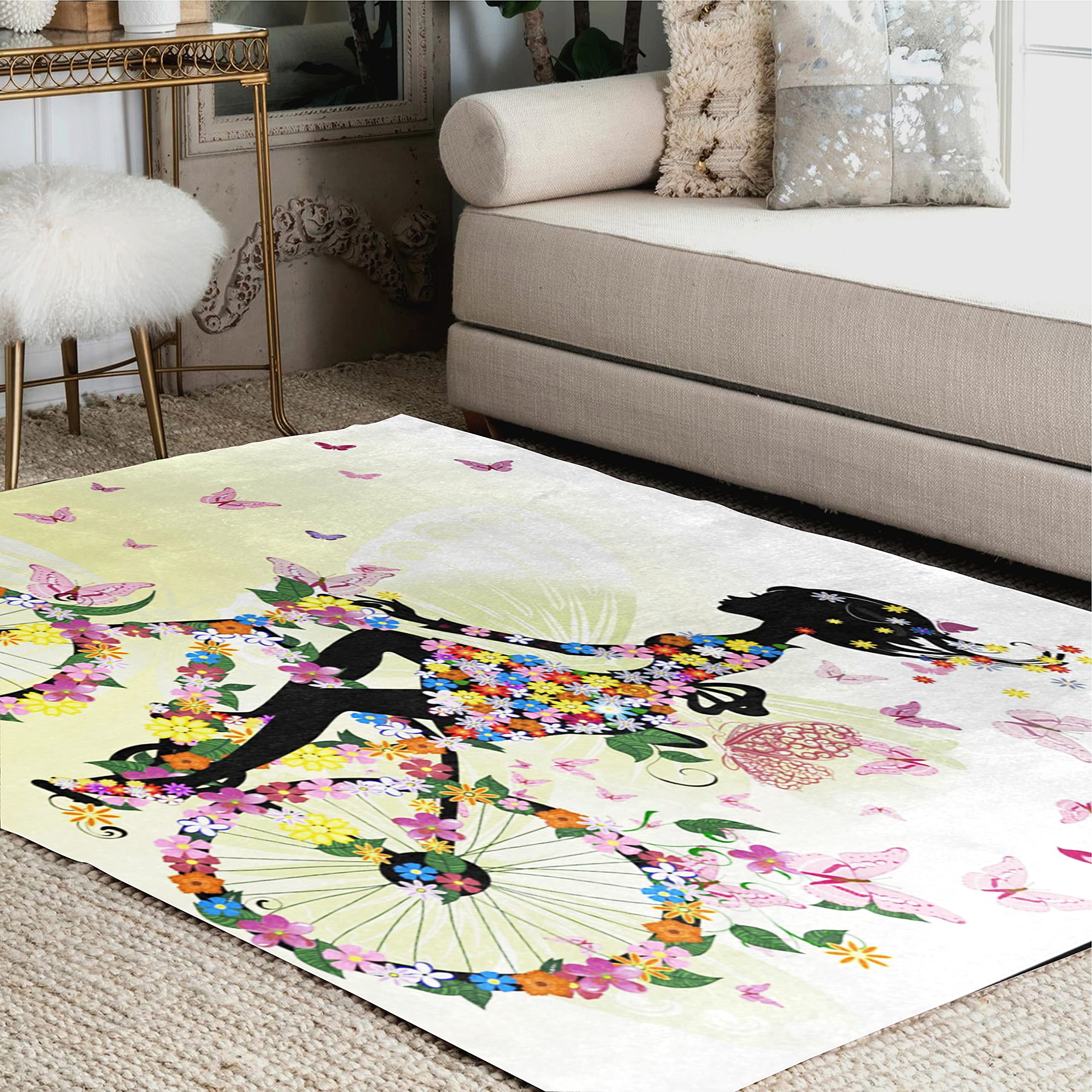ALAZA Romantic Girl Riding Bicycle with Butterflies Floral Area Rug - 7' x 5' Soft Non-Slip Living Room Bedroom Carpet - Perfect for Boho Chic Home Decor & Nursery Floor Mat