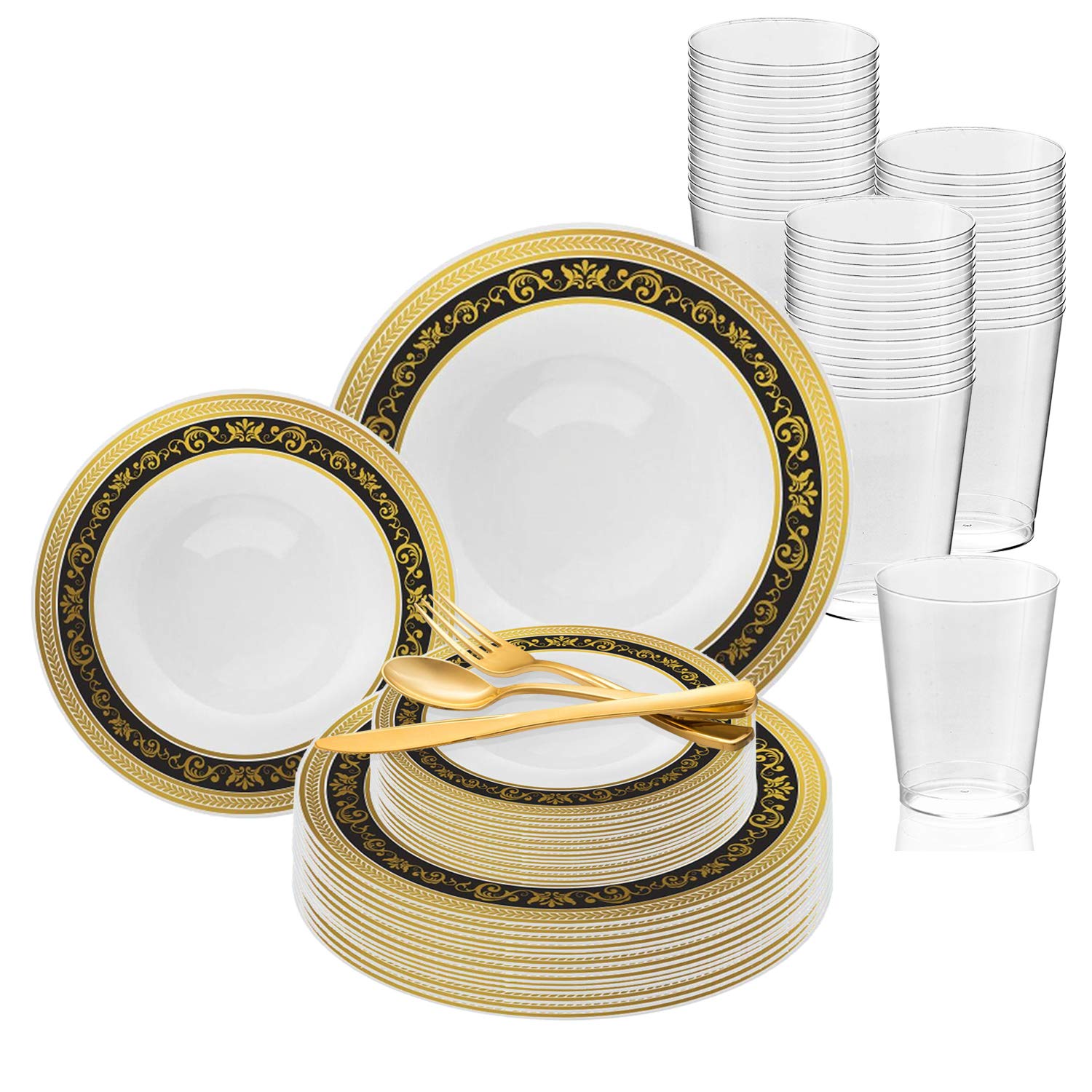 Premium 120-Piece Disposable Plastic Dinnerware Set - Elegant White with Black & Gold Trim Plates, Dessert Plates, Cutlery & Cups | Perfect for Weddings, Birthday Parties, Banquets & Special Events | Durable & Stylish Tableware for Large Gatherings