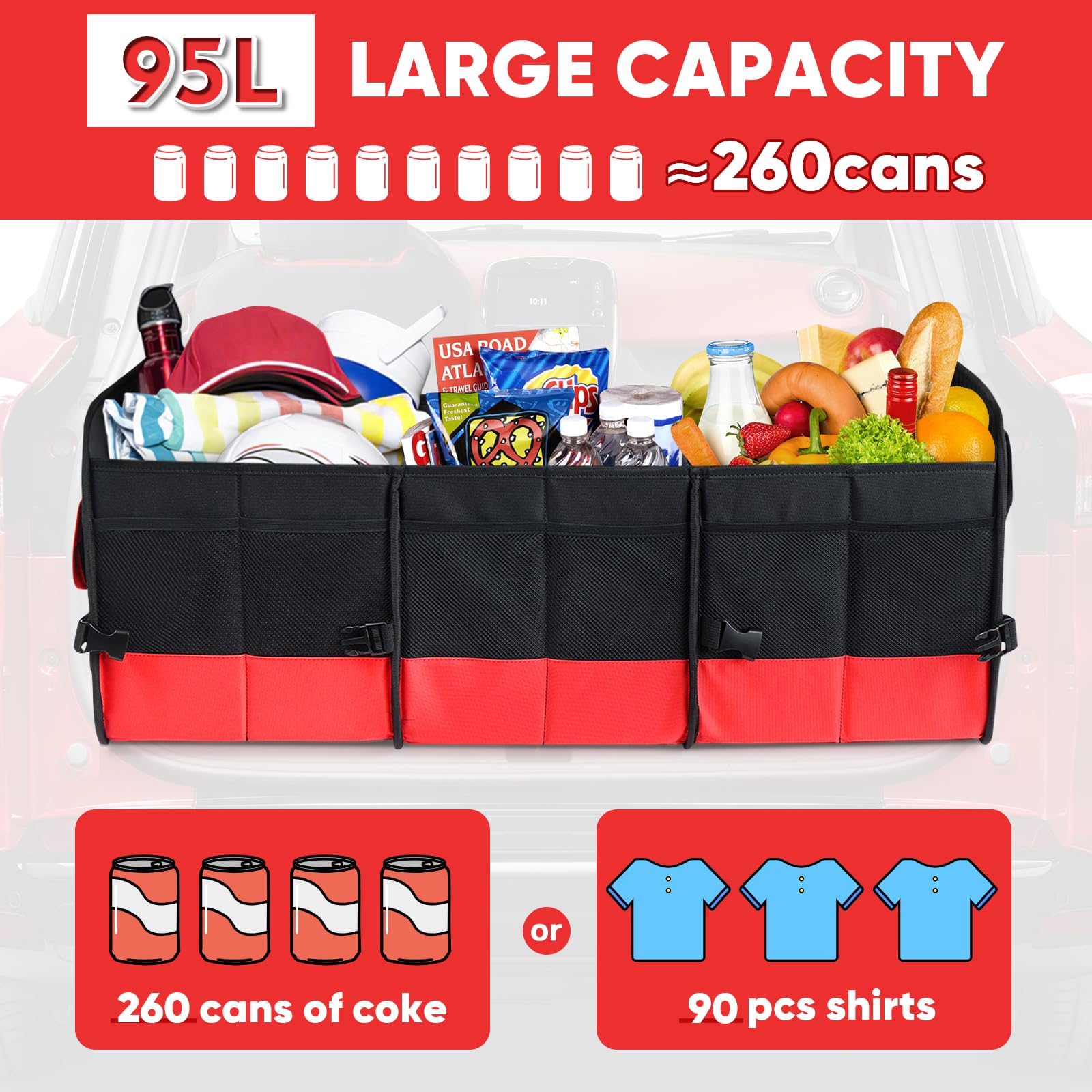 Simniam Large Collapsible Car Trunk Organizer with 4 Compartments & 2 Retractable Straps - Universal Fit for SUV, Minivan, Sedan | Perfect for Road Trips, Grocery Storage & Travel Organization (Red)