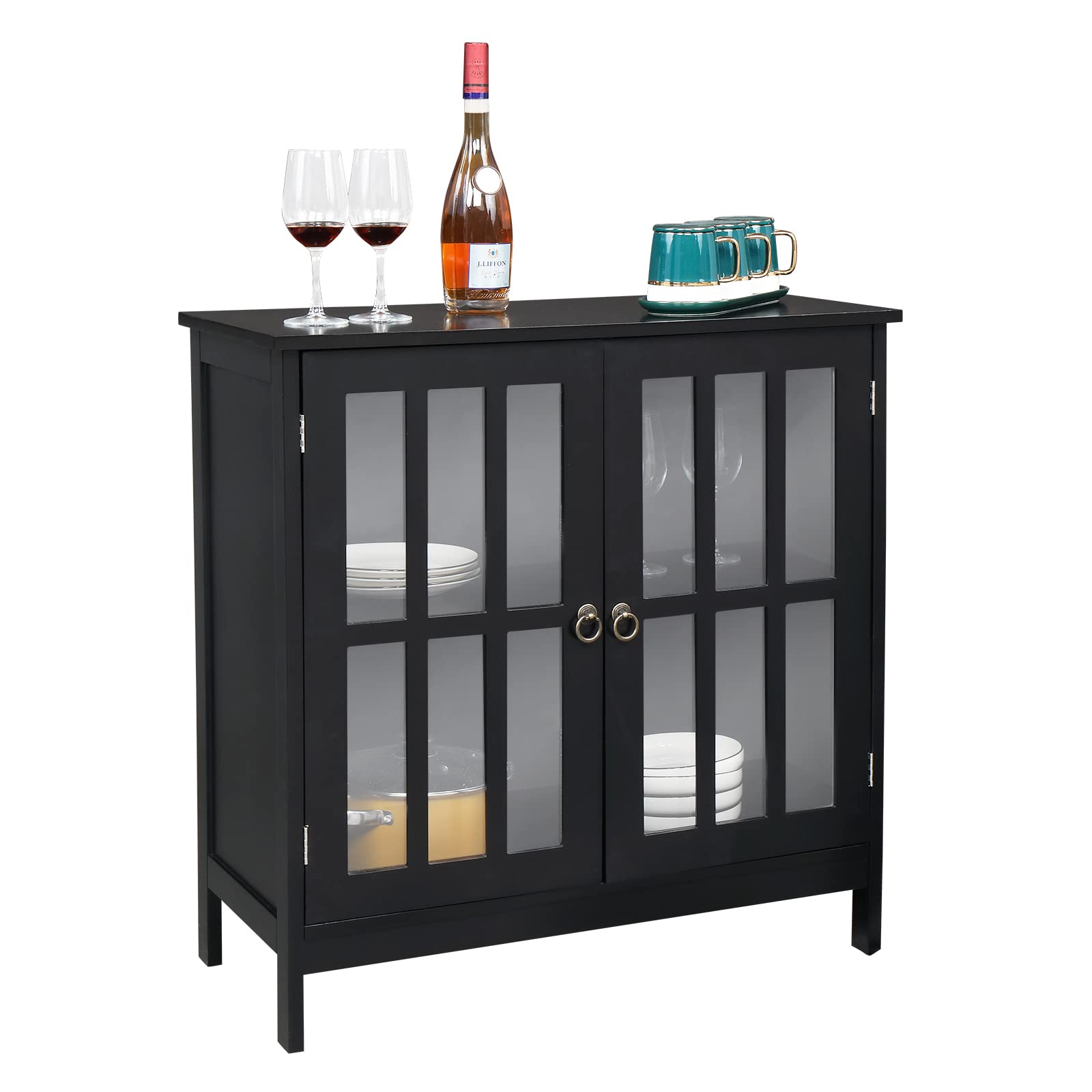 Modern HomVent Kitchen Buffet Cabinet with 2 Doors & Adjustable Shelves - Free Standing Dining Room Storage Sideboard with Glass Doors - Perfect for Kitchen Organization & Dining Room Serving (Black)