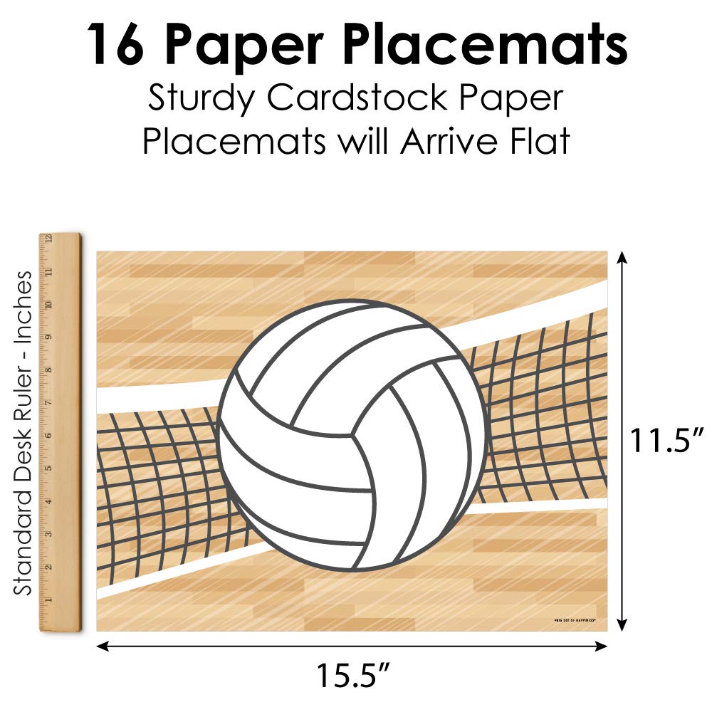 Big Dot of Happiness Volleyball Party Decorations - Set of 16 Bump Set Spike Placemats for Baby Showers, Birthday Parties & Sports Themed Events - Perfect for Table Settings, Game Day Decor and Volleyball Team Celebrations