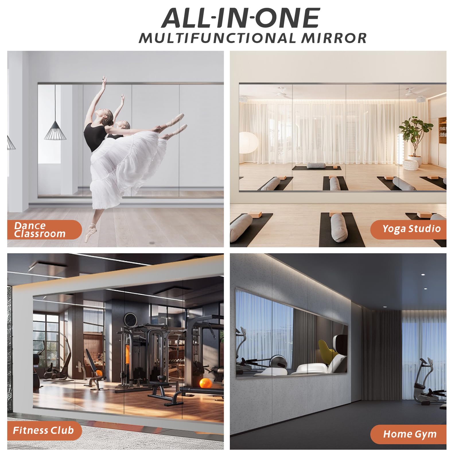 48''x24''x2PCS Large Full Body Mirror for Home Gym - Frameless Wall Mounted Yoga Mirror for Bedroom, Bathroom & Garage - Perfect for Fitness, Dance Practice & Home Decor