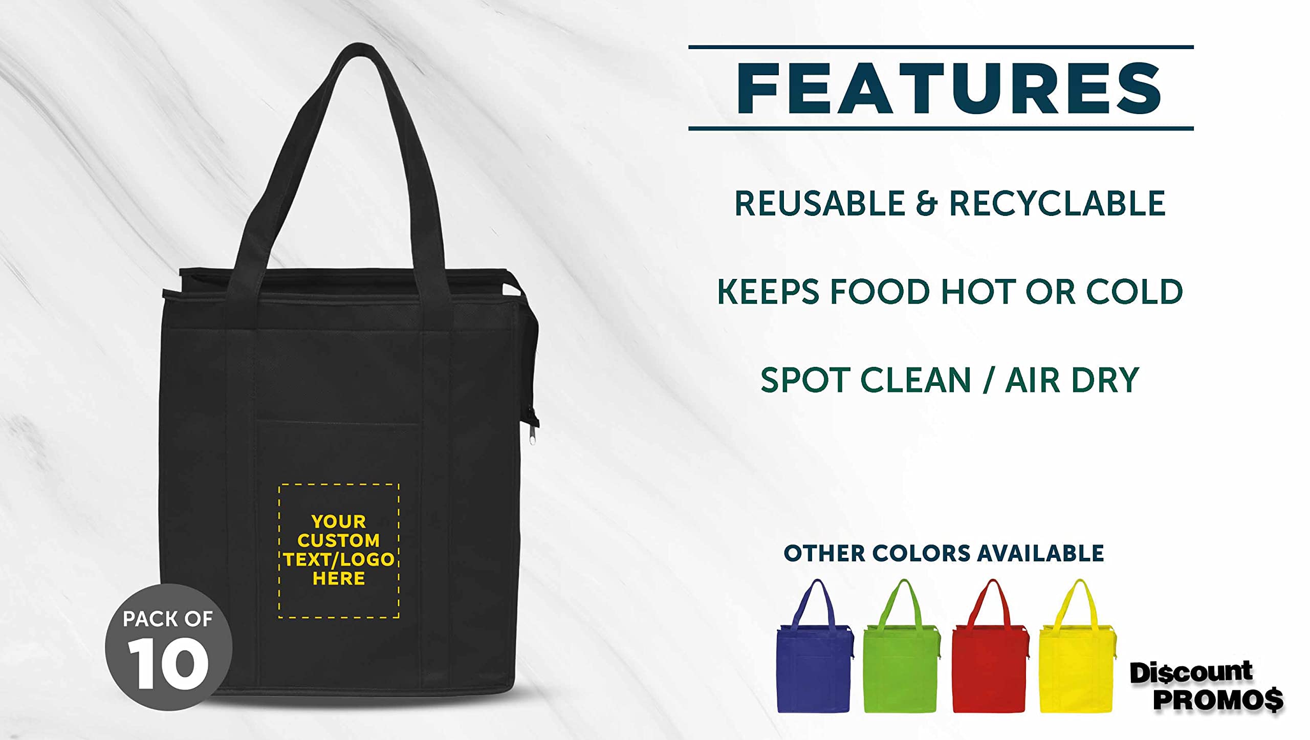 Custom Non-Woven Insulated Tote Bags Bulk Pack - 10 Reusable Personalized Grocery Bags for Picnic, Camping, Beach & Outdoor Activities - Eco-Friendly Shopping & Lunch Bags - Black