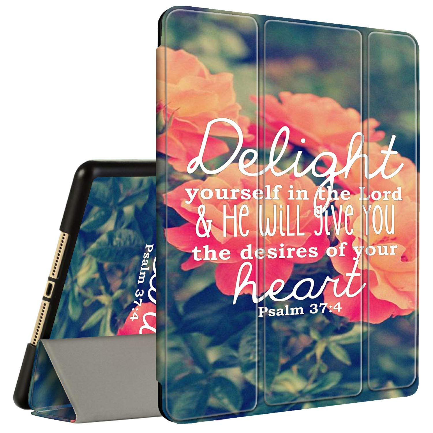 Amook Tri-Fold Smart Cover Stand Case for iPad 9.7 inch (6th/5th Gen 2018/2017 & iPad Air 1/2) - Shockproof Protection with Pencil Holder & Bible Verse Psalm 37:4 - Perfect for Work, Study & Travel