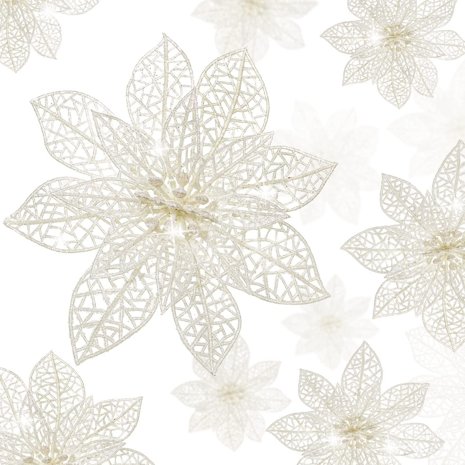 WILLBOND 36-Piece 3-Size Christmas Glitter Poinsettia Artificial Flowers - Wedding Decor, Christmas Tree Ornaments, Holiday Home & Outdoor Decorations (White) - Perfect for Xmas Parties, Winter Weddings & Festive Seasonal Displays
