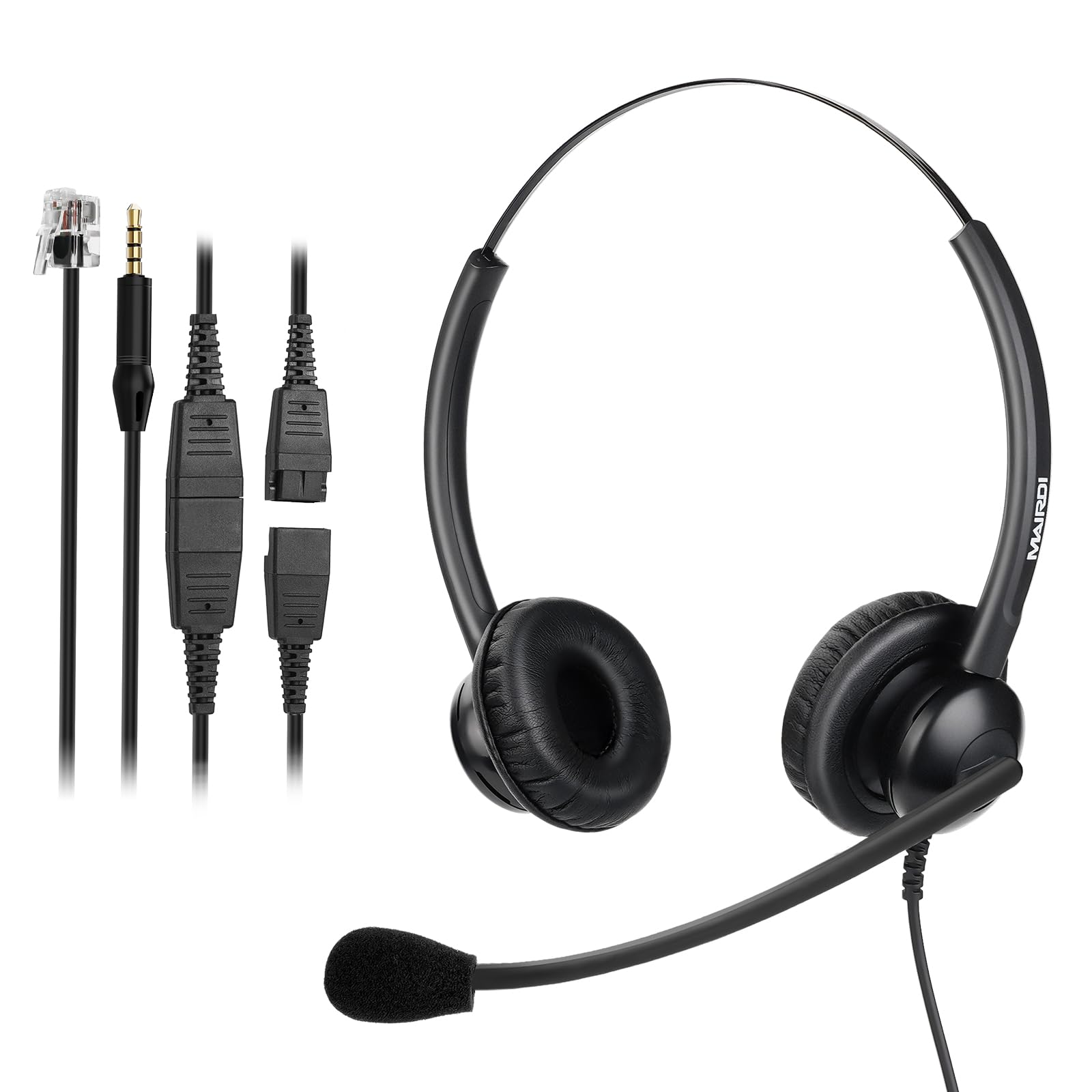 MAIRDI Noise Cancelling Office Headset with RJ9 Jack & 3.5mm Connector - Binaural Telephone Headset with Mic for Cisco Phone, Call Center, Landline Deskphone, PC, Laptop & Cell Phone - Perfect for Remote Work, Customer Service & Business Communications