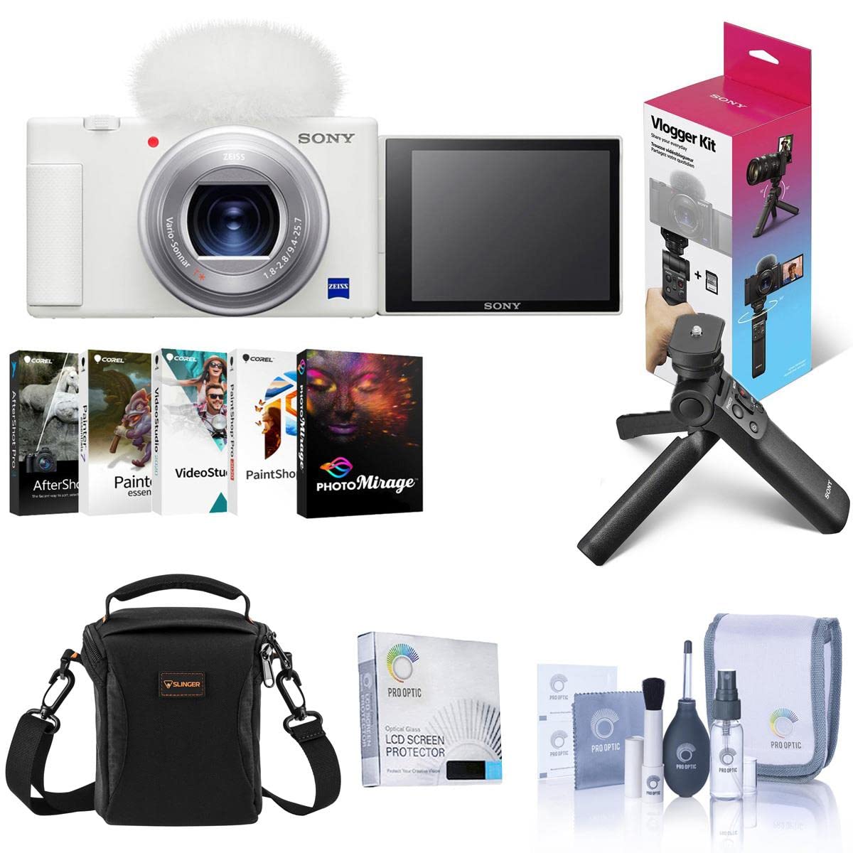 Sony ZV-1 Compact 4K HD Digital Camera with Shooting Grip Tripod Bundle - 64GB UHS-II SD Card, Carrying Bag, Corel Software, Screen Protector & Cleaning Kit (White) - Perfect for Vlogging, Travel Photography & Content Creation