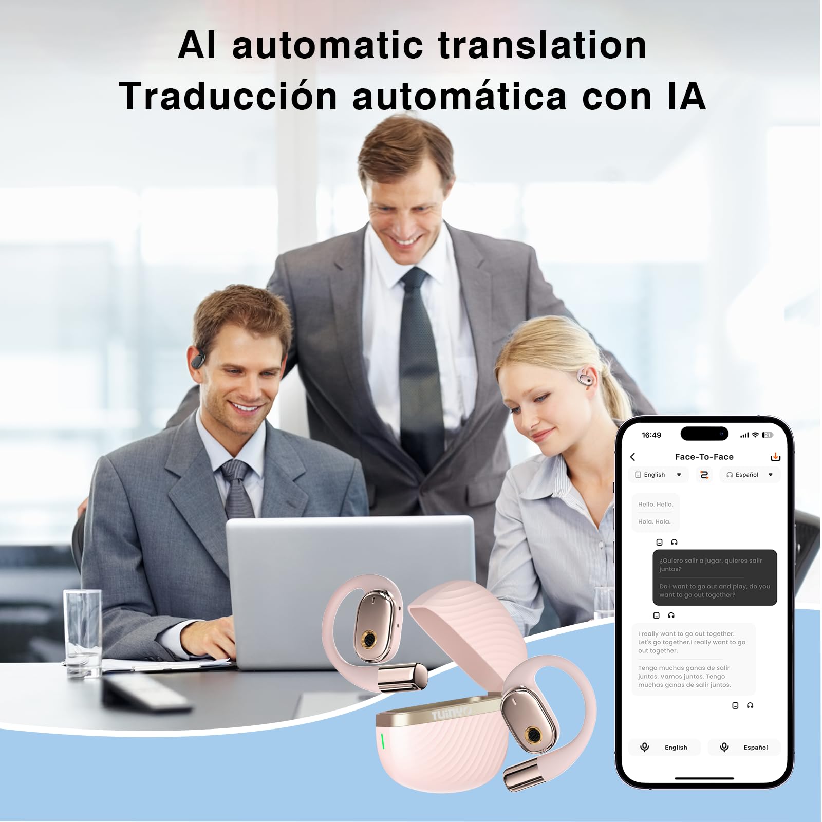 TUINYO AI Headphones - True Wireless Bluetooth Earbuds with Real-Time Translation, 35Hrs Battery Life, Hi-Fi Sound & Built-in Mic - Perfect for Travel, Language Learning, Business Meetings & Online Classes (Pink)