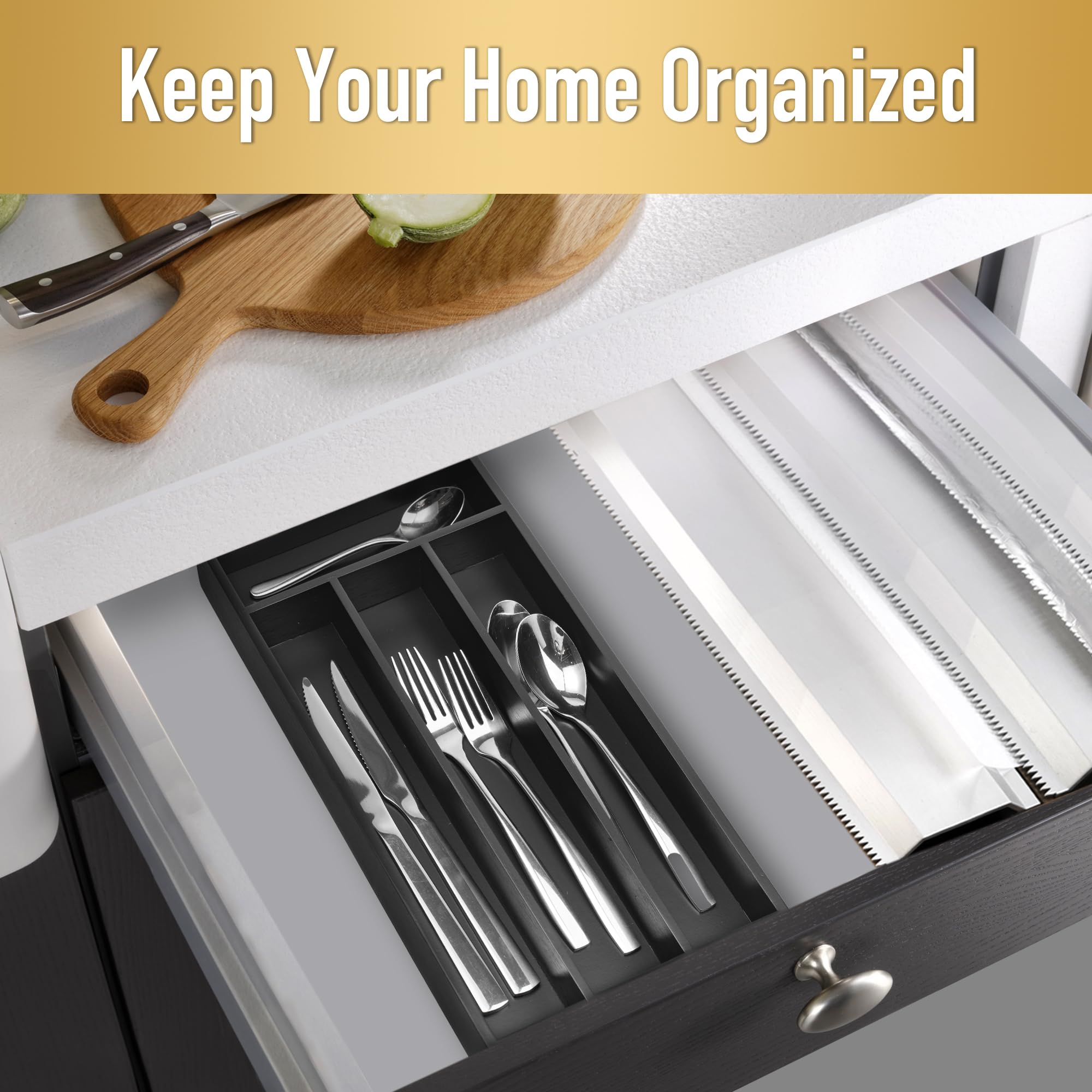 Premium Bamboo Silverware Organizer - 4 Slot Black Kitchen Drawer Tray for Utensils, Cutlery & Flatware | Space-Saving Drawer Storage Solution for Small Kitchens & Dining Areas