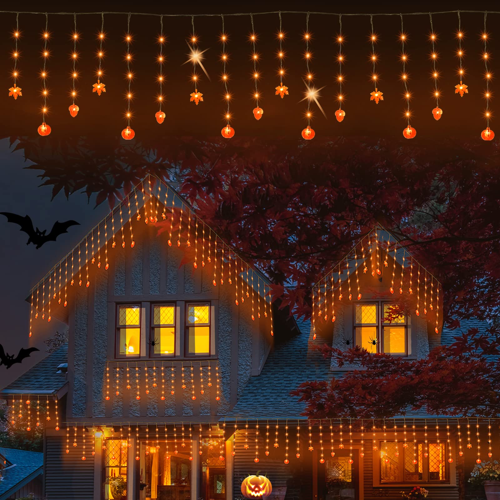 150 LED 15FT Orange Icicle String Lights - 8 Lighting Modes, Extendable Fall Decor for Halloween & Thanksgiving - Waterproof Maple Pumpkin Acorn Fairy Lights for Indoor/Outdoor Party, Porch, Garden, and Yard Decoration