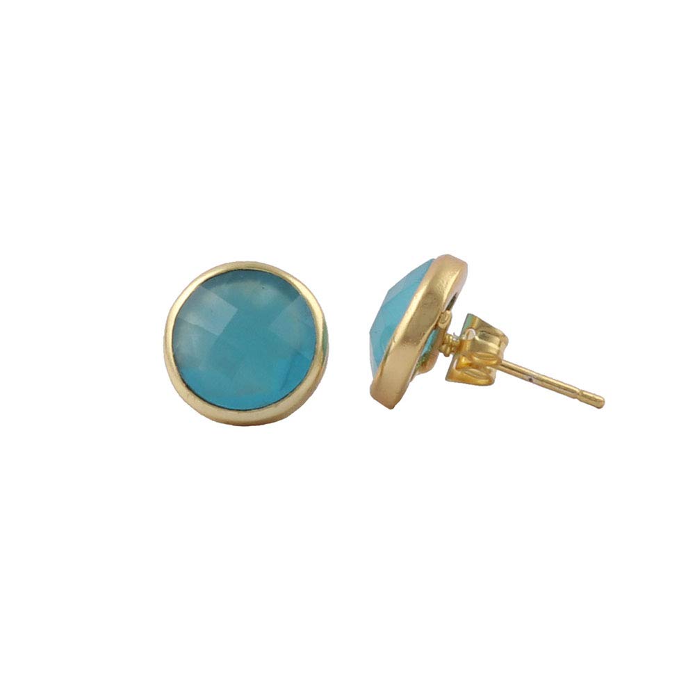 Blue Chalcedony Stud Earrings - Round Faceted Gold Plated Brass Stud Style Earrings for Women & Girls | Fashion Jewelry Gift for Birthday, Party & Everyday Wear