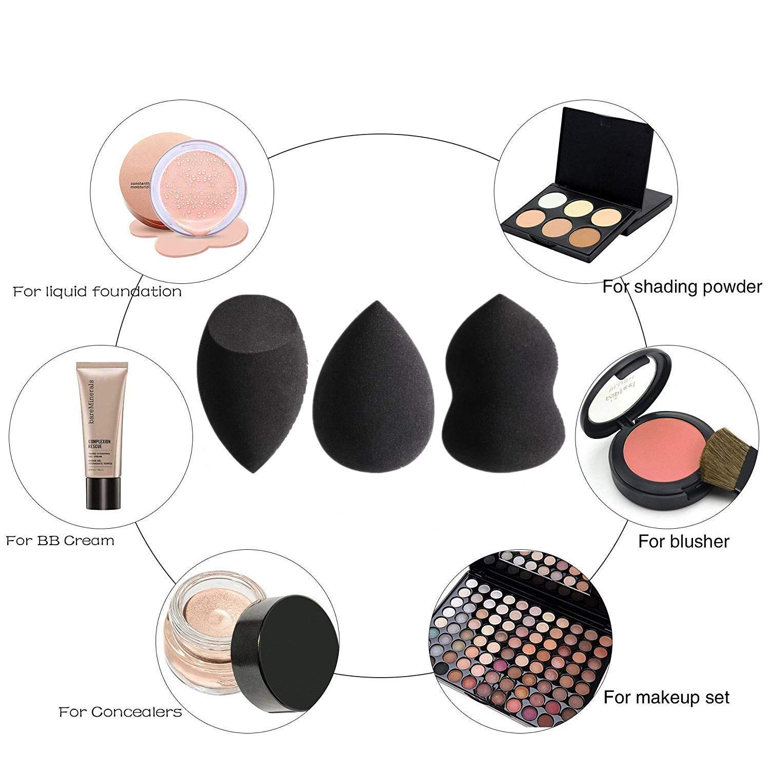 Latex-Free Makeup Sponges - 3 Pack Black Beauty Blenders for Foundation, Powder, Cream & Liquid Cosmetics | Multi-Shape Puff Set for Flawless Face & Body Application | Perfect for Professional Makeup Artists & Home Use