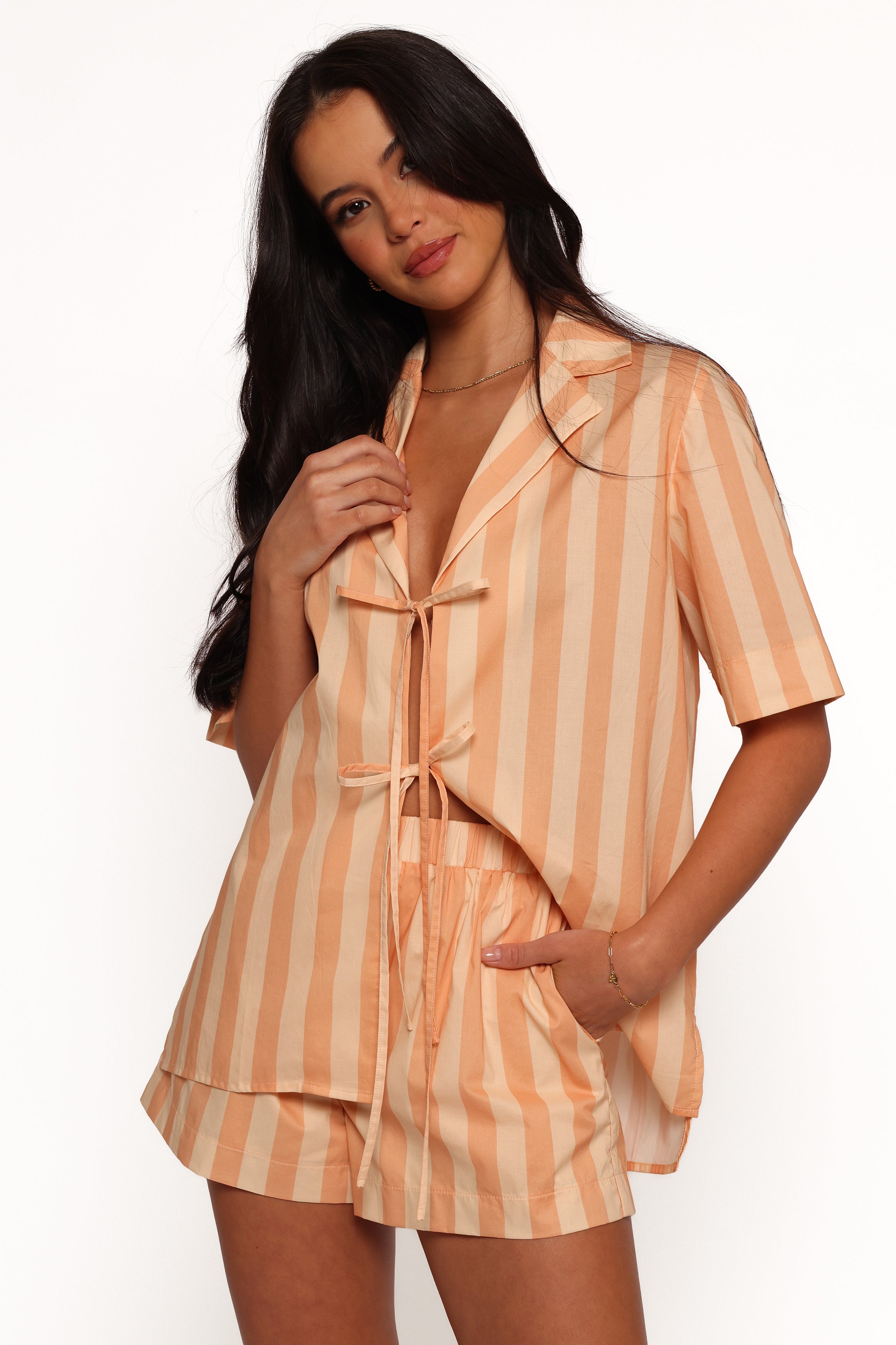 Essie Tie Front Shirt in Terracotta Stripe - Women's Casual Button Down Blouse for Work & Weekend Outfits