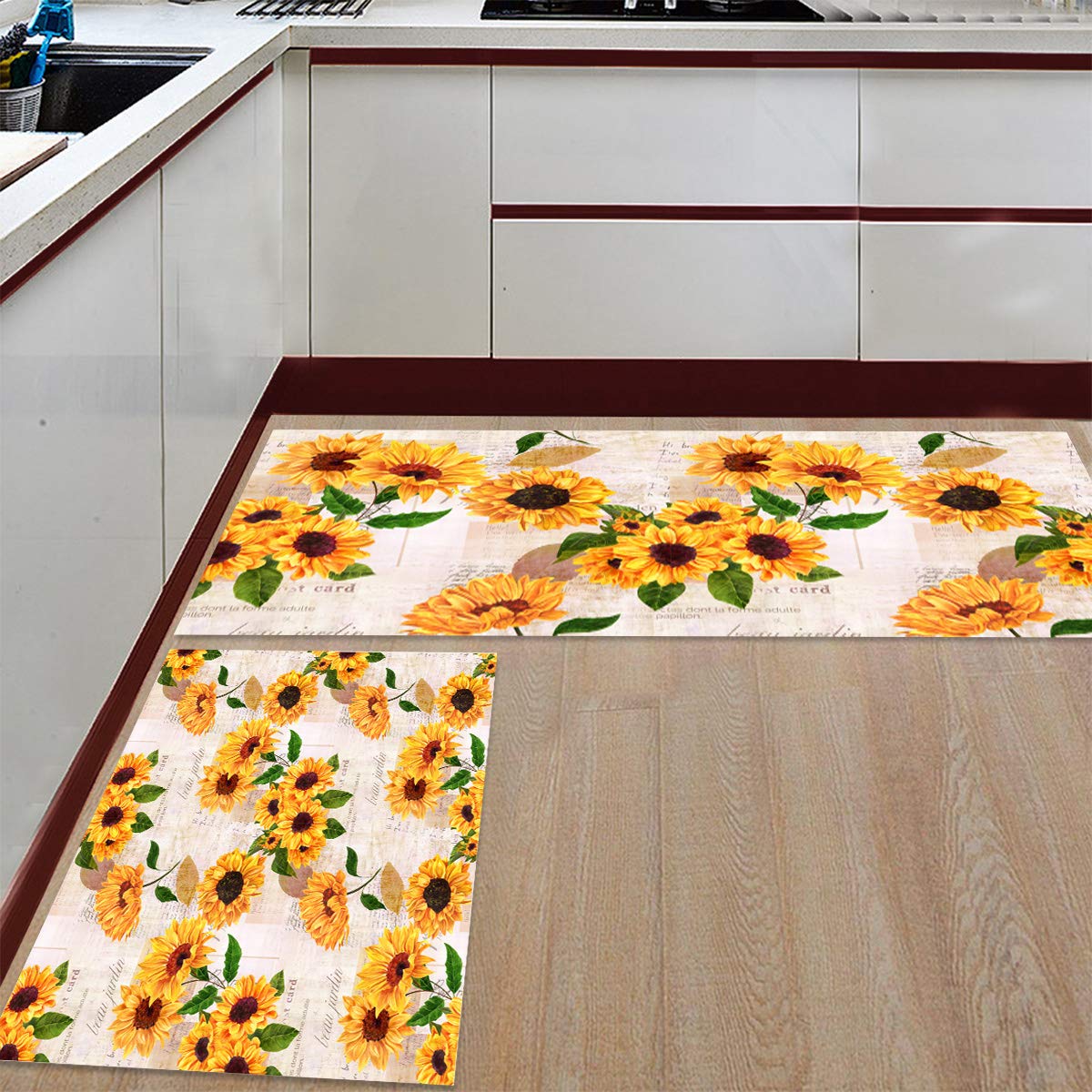 Sunflower Print Non-Slip Runner Rug Set of 2 - Absorbent Doormats for Kitchen, Bathroom, Living Room & Bedroom - 15.7