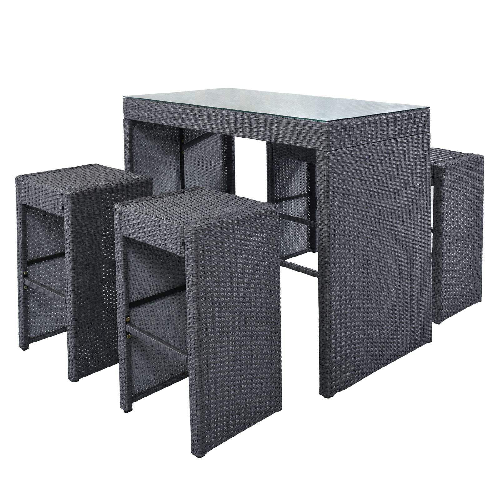 5-Piece Rattan Patio Dining Set - Outdoor Furniture with Tempered Glass Bar Table & 4 Stools - Space Saving PE Wicker Furniture for Garden, Balcony, Backyard (Brown Cushion + Brown Wicker) - Ships from USA