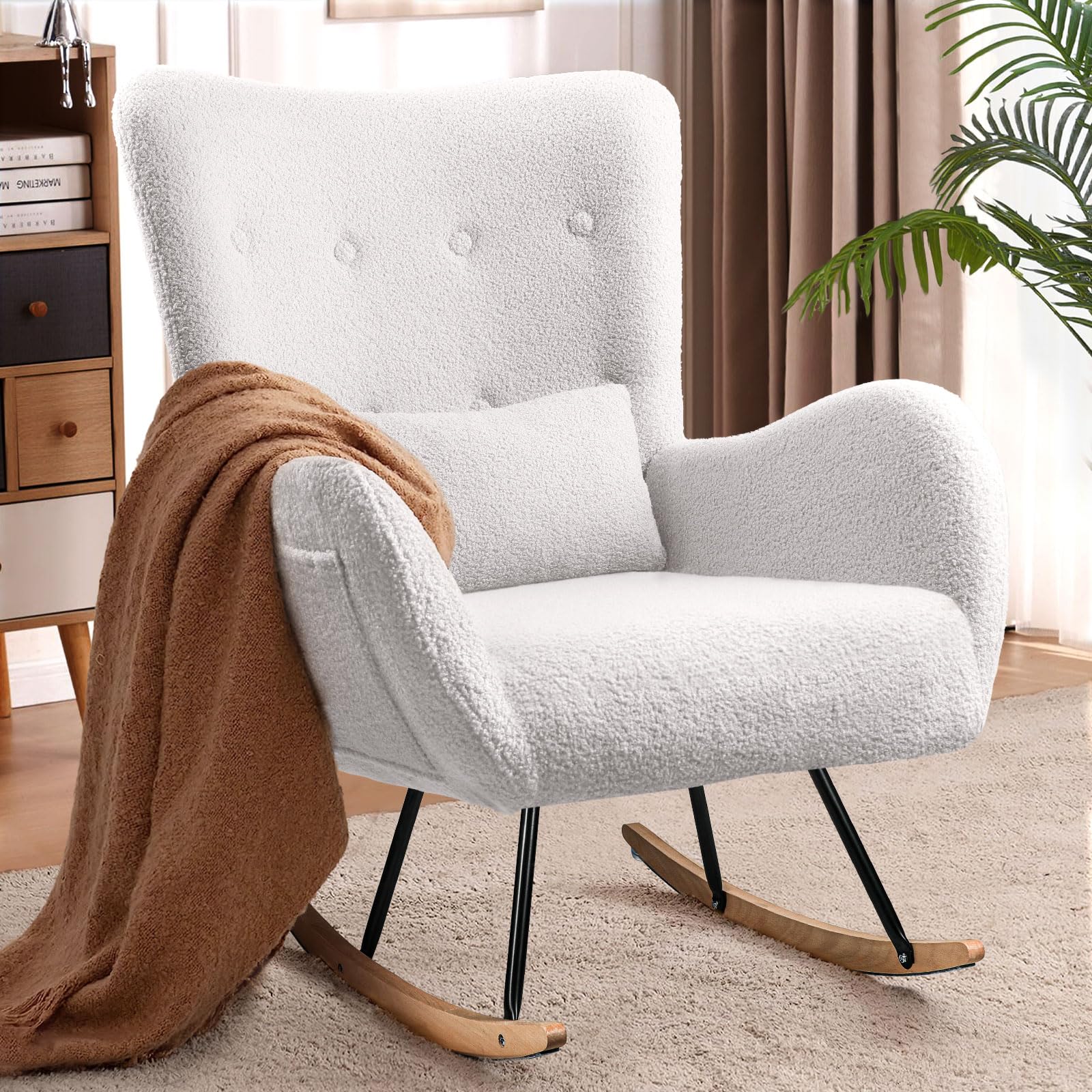 Waleaf Teddy Upholstered Rocking Chair - High Backrest Nursery Glider with Padded Seat, Comfortable Nursing Chair for Bedroom, Living Room & Nursery (Ivory) | Perfect for Breastfeeding, Reading Nook & Relaxation