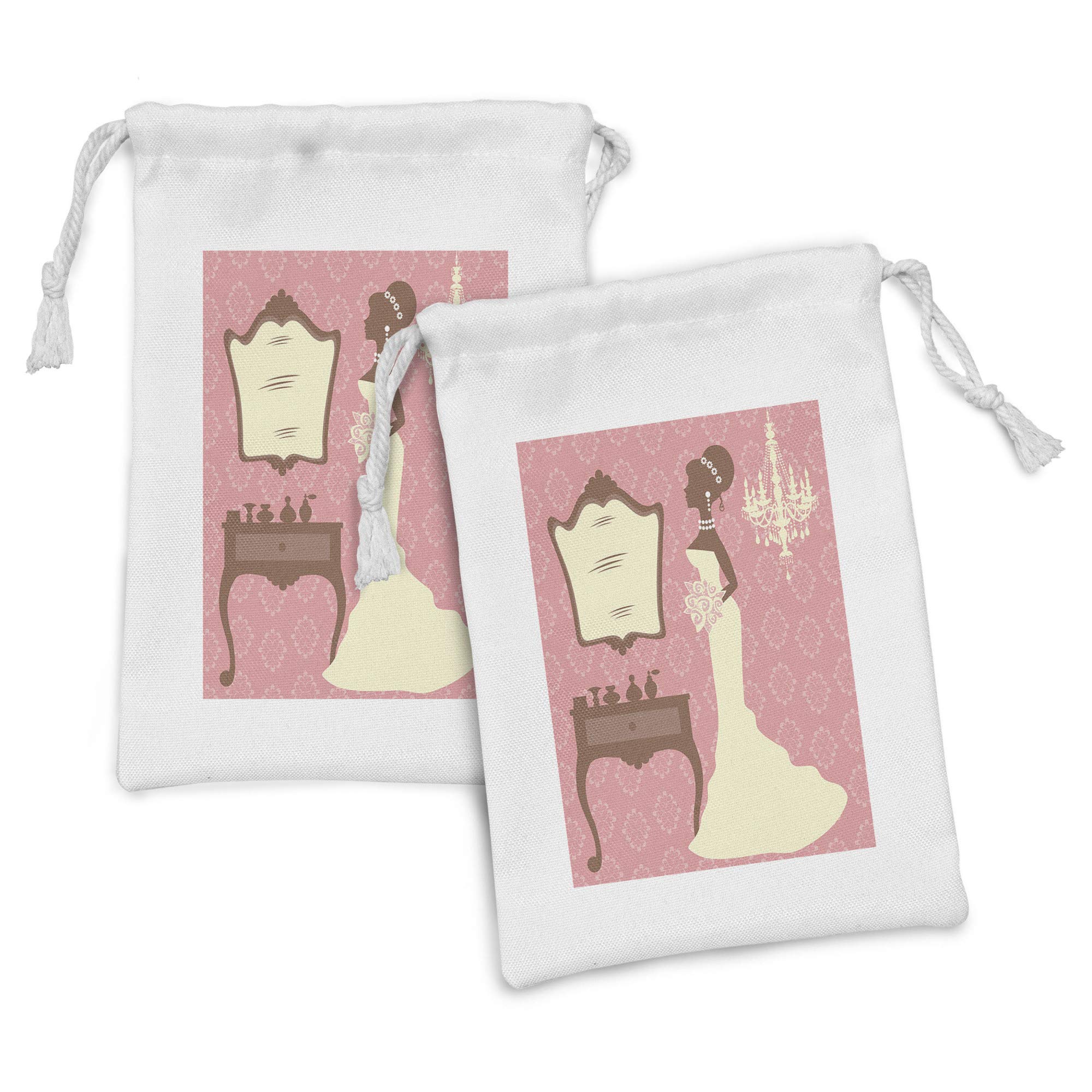 Ambesonne 2-Piece Bridal Shower Fabric Pouch Set - Floral Wedding Dress & Vanity Swirl Design Drawstring Bags (9