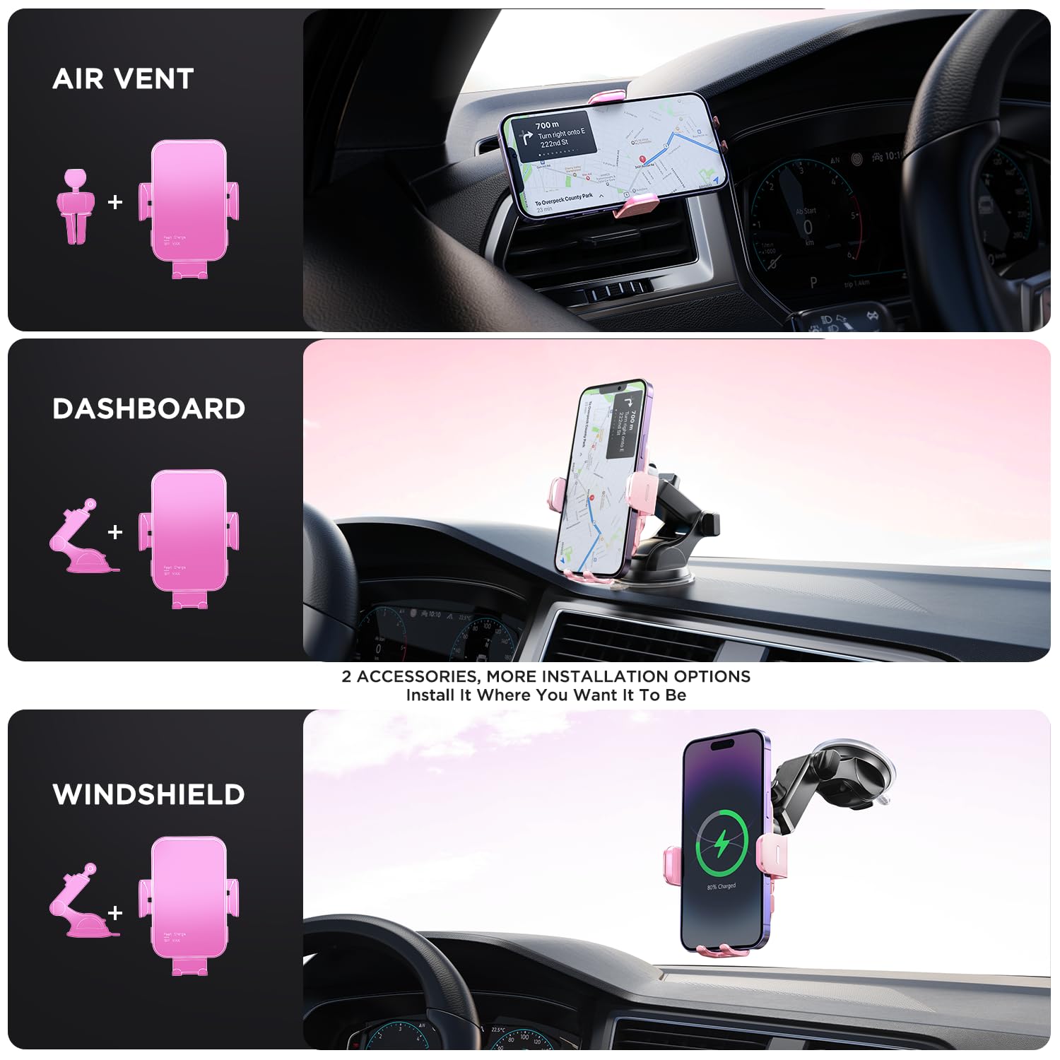 15W Fast Wireless Car Charger with Auto Clamping & 7-Color LED Backlight - Compatible with iPhone 14/13/12/11/X, Samsung Galaxy S23/S22/S21/S10/Note 20 - Pink | Perfect for Hands-Free Charging While Driving & Navigation