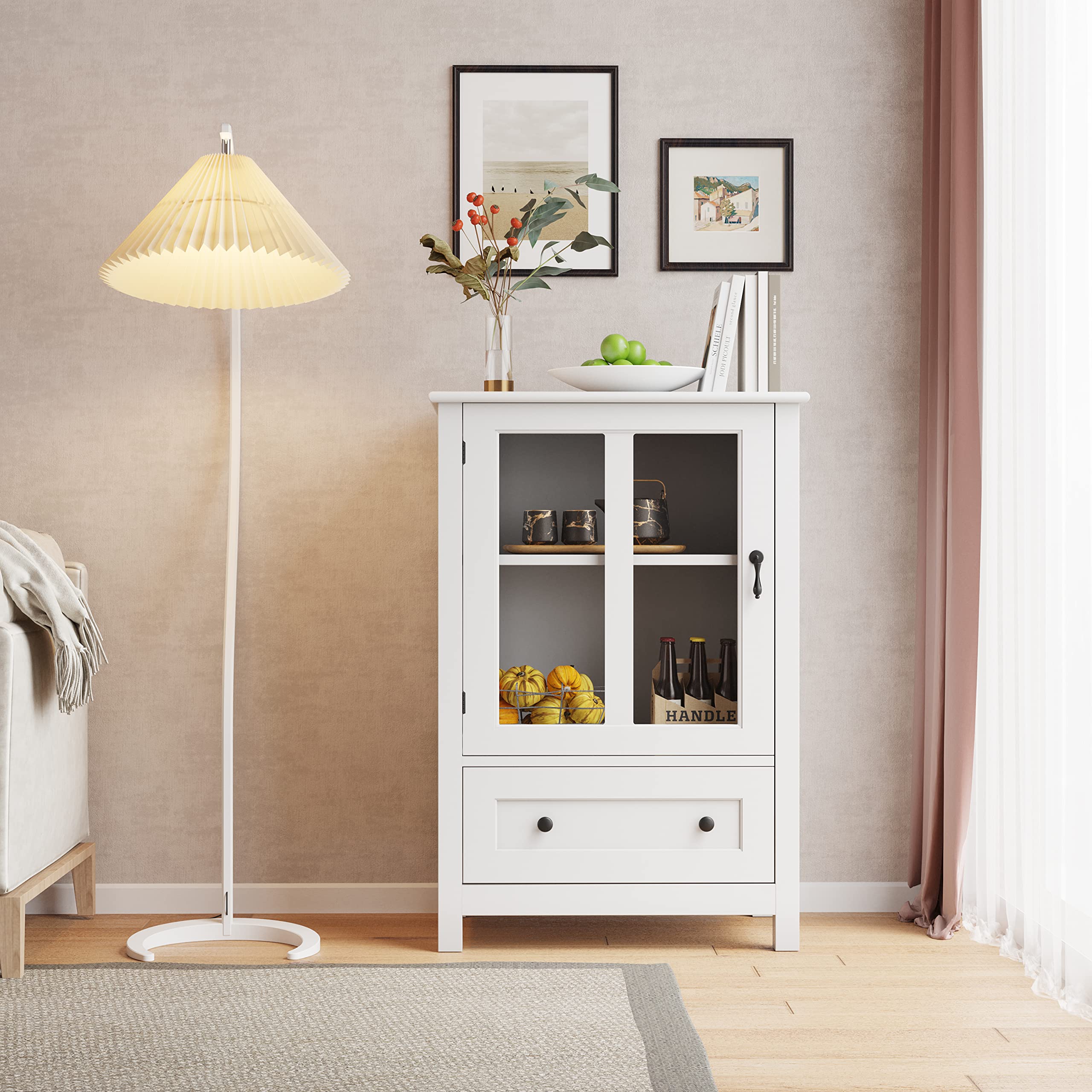 Buffet Storage Cabinet with Single Glass Doors & Unique Bell Handle - Stylish Sideboard for Dining Room, Living Room, or Entryway Storage