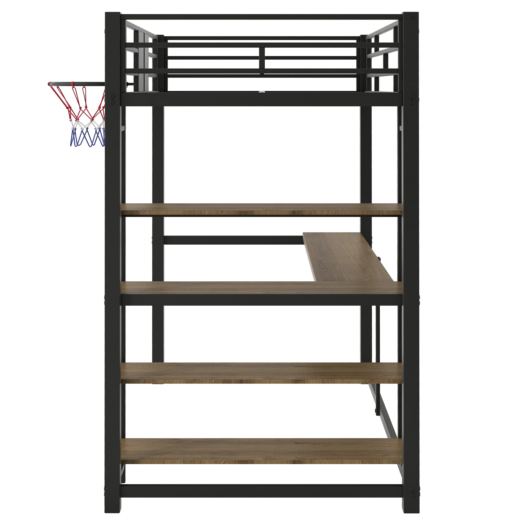 HABITRIO Twin Size Loft Bed with Shelves, Desk & Basketball Hoop - Sturdy Metal Frame for Kids & Teens - Space-Saving Study & Play Solution for Small Bedrooms (Black)