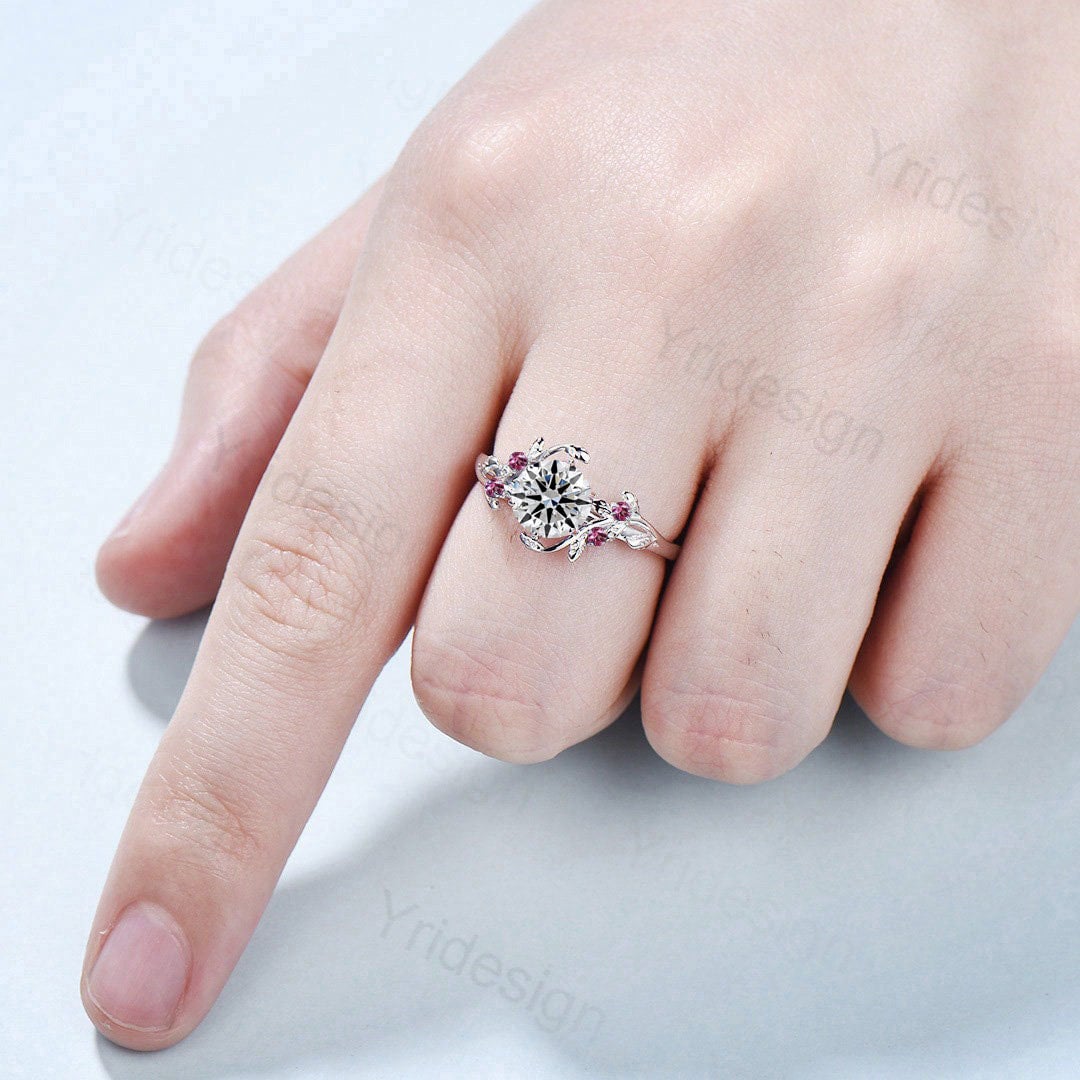 Lab Grown Diamond Engagement Ring with IGI Certificate - Nature Inspired Twig Design with Pink Tourmaline Accents for Women | Perfect for Weddings, Anniversaries & Romantic Occasions