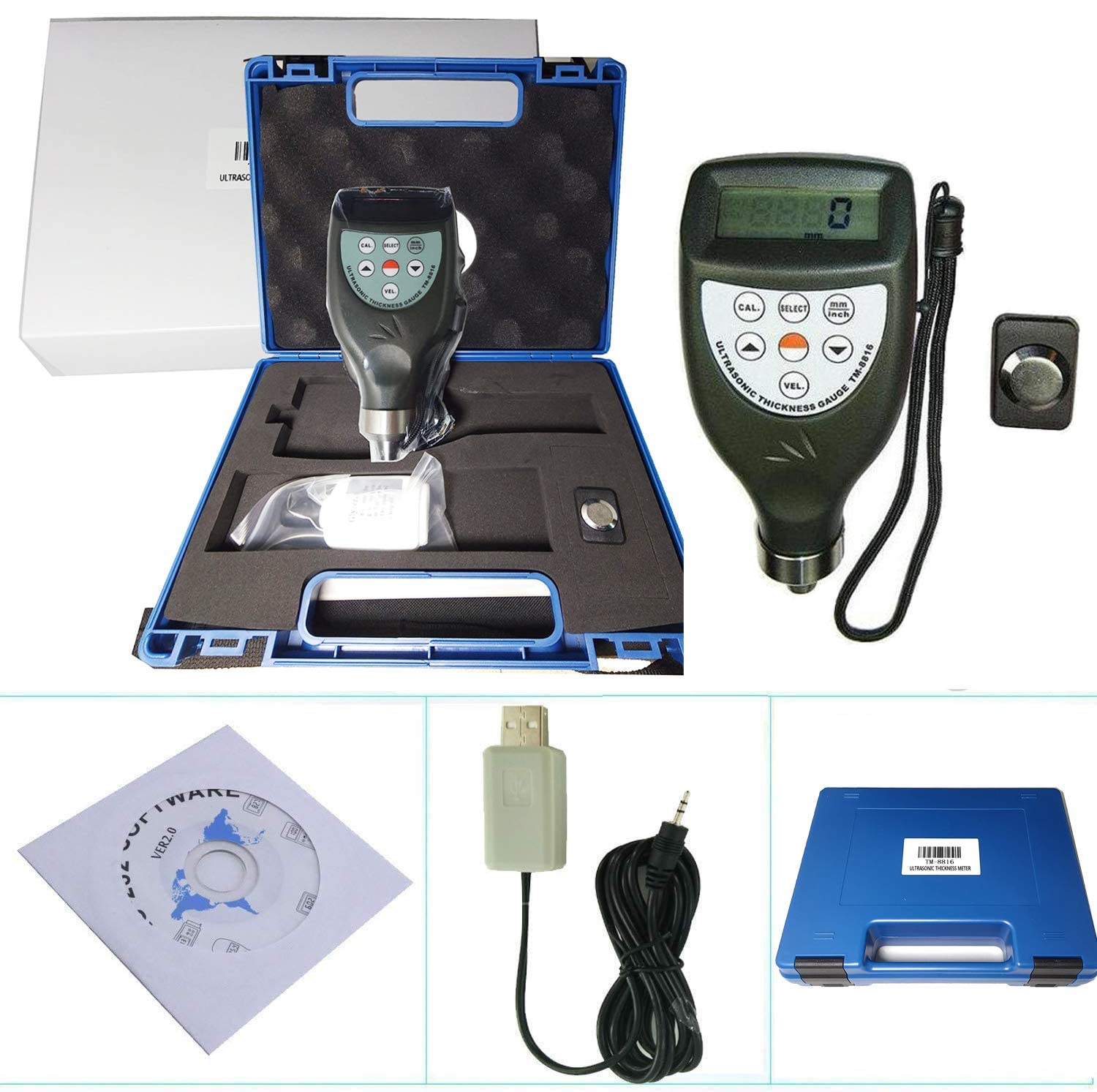 Precision Ultrasonic Thickness Gauge Meter (1.0-200mm/0.05-8inch) with RS-232 Cable & Software - Ideal for Metal, Plastic, and Pipe Thickness Measurement in Industrial Inspections