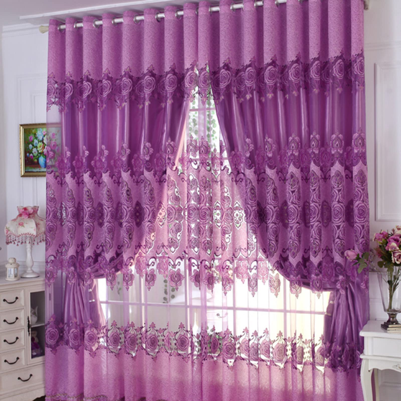 Premium European Embroidered Sheer Curtains with Blackout Lining - Double Layer Window Drapes for Bedroom & Living Room - 1 Panel (84