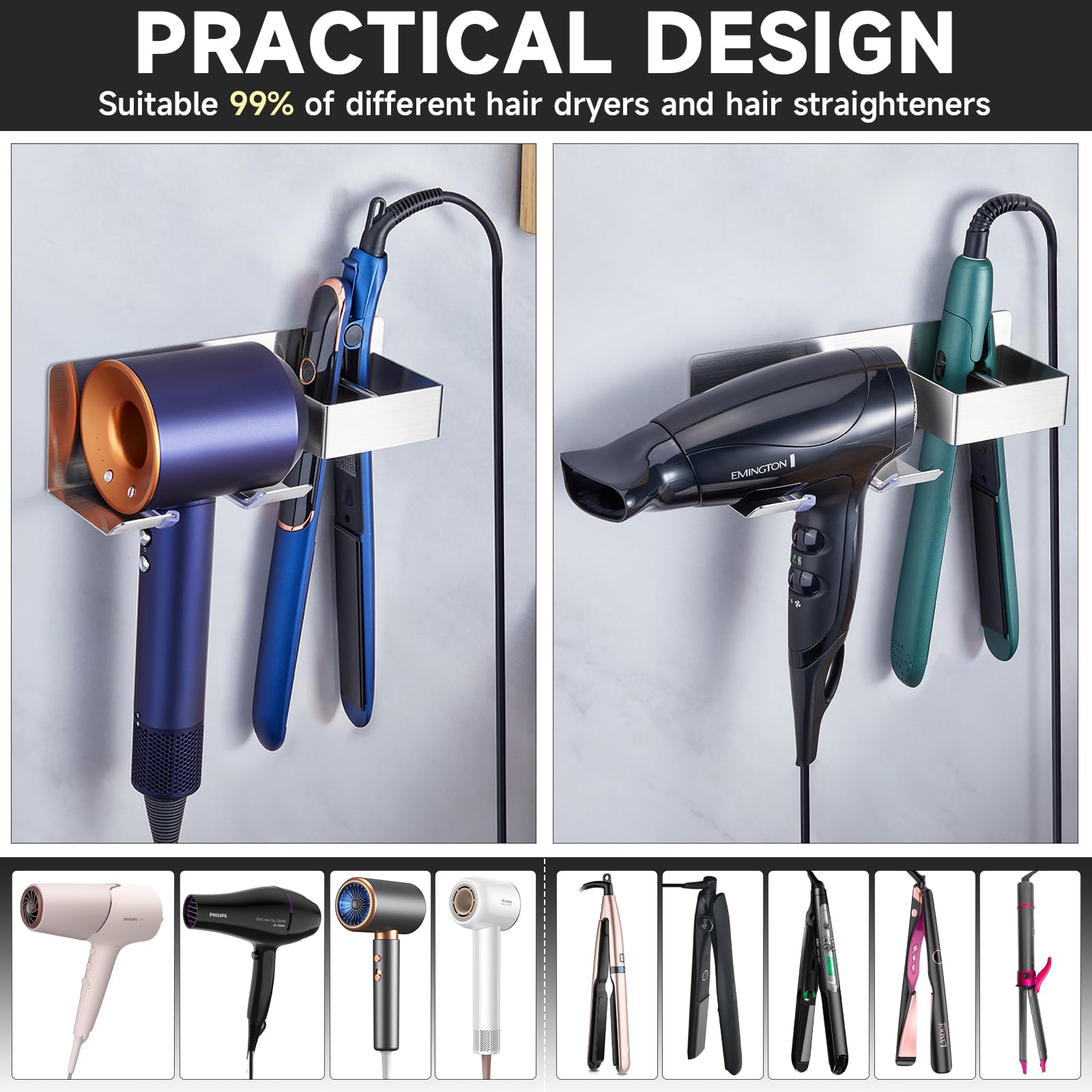 Wall Mounted Hair Dryer Holder - Stainless Steel Blow Dryer & Hair Straightener Organizer with Adhesive Backing - Perfect for Bathroom, Salon & Barber Shop Storage - Keep Hair Tools Tidy & Within Reach