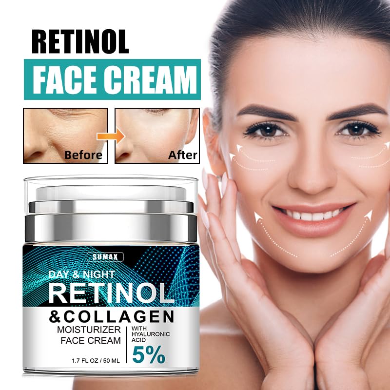 SUMAX Retinol Cream for Face – Anti-Aging Moisturizer with Collagen & 5% Hyaluronic Acid, Reduces Deep Wrinkles, Day & Night Skincare for Women & Men – 1.85 Fl Oz | Perfect for Dry Skin & Mature Skin Care Routine