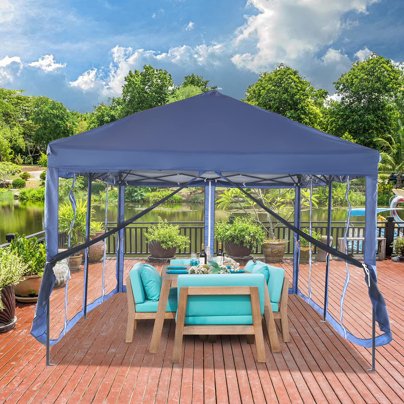 VINGLI 10x20 Pop Up Canopy Tent with Removable Sidewalls & Wheeled Carry Bag - Portable Outdoor Screen Tent for Camping, Beach, Picnics, Parties & Backyard Events - Blue Gazebo with Mosquito Netting