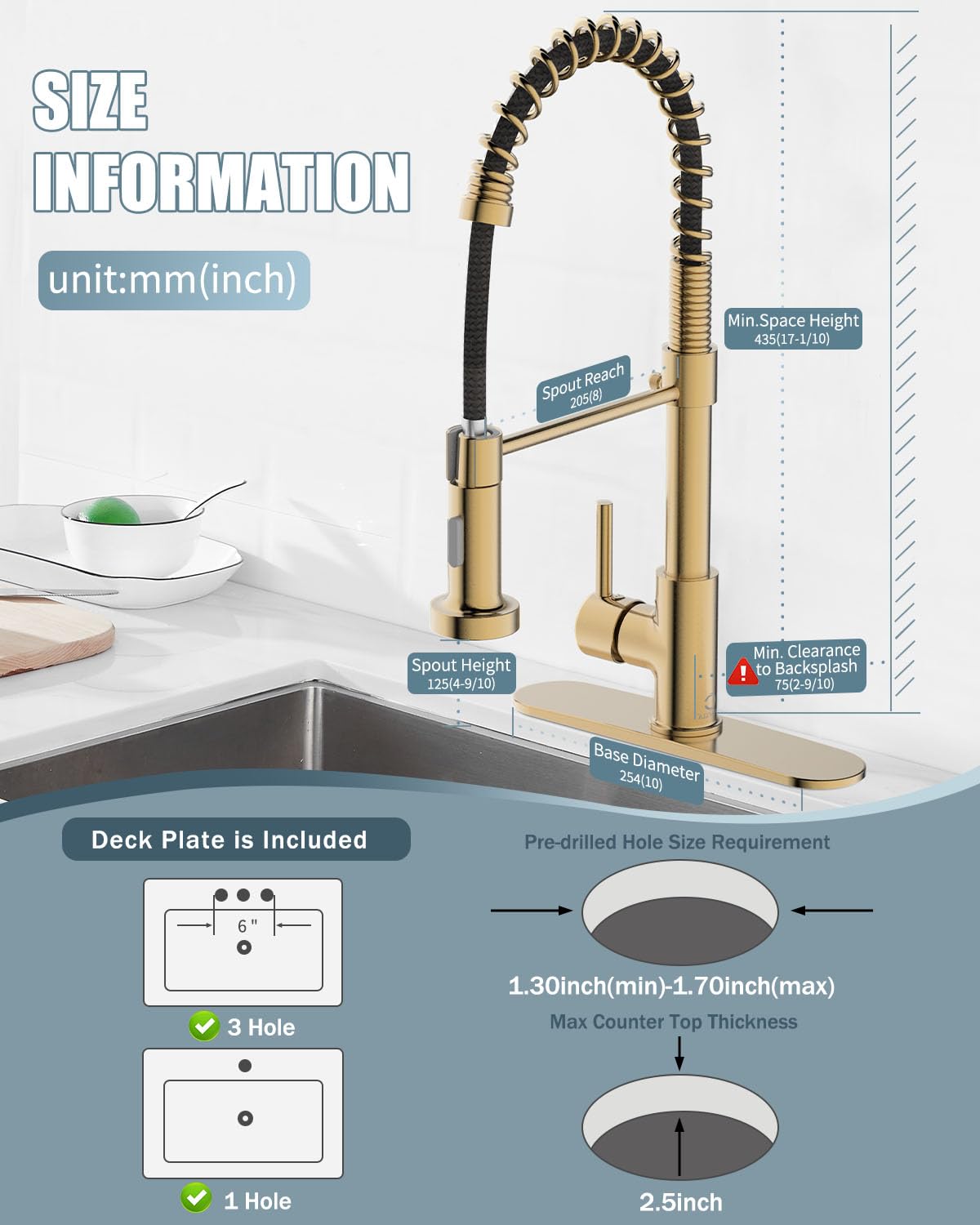 Brushed Gold Kitchen Faucet with Soap Dispenser & Deck Plate - Single Handle Stainless Steel Pull Down Sprayer for Farmhouse, RV & Camper Sinks | Perfect for Modern Kitchens & Small Space Living