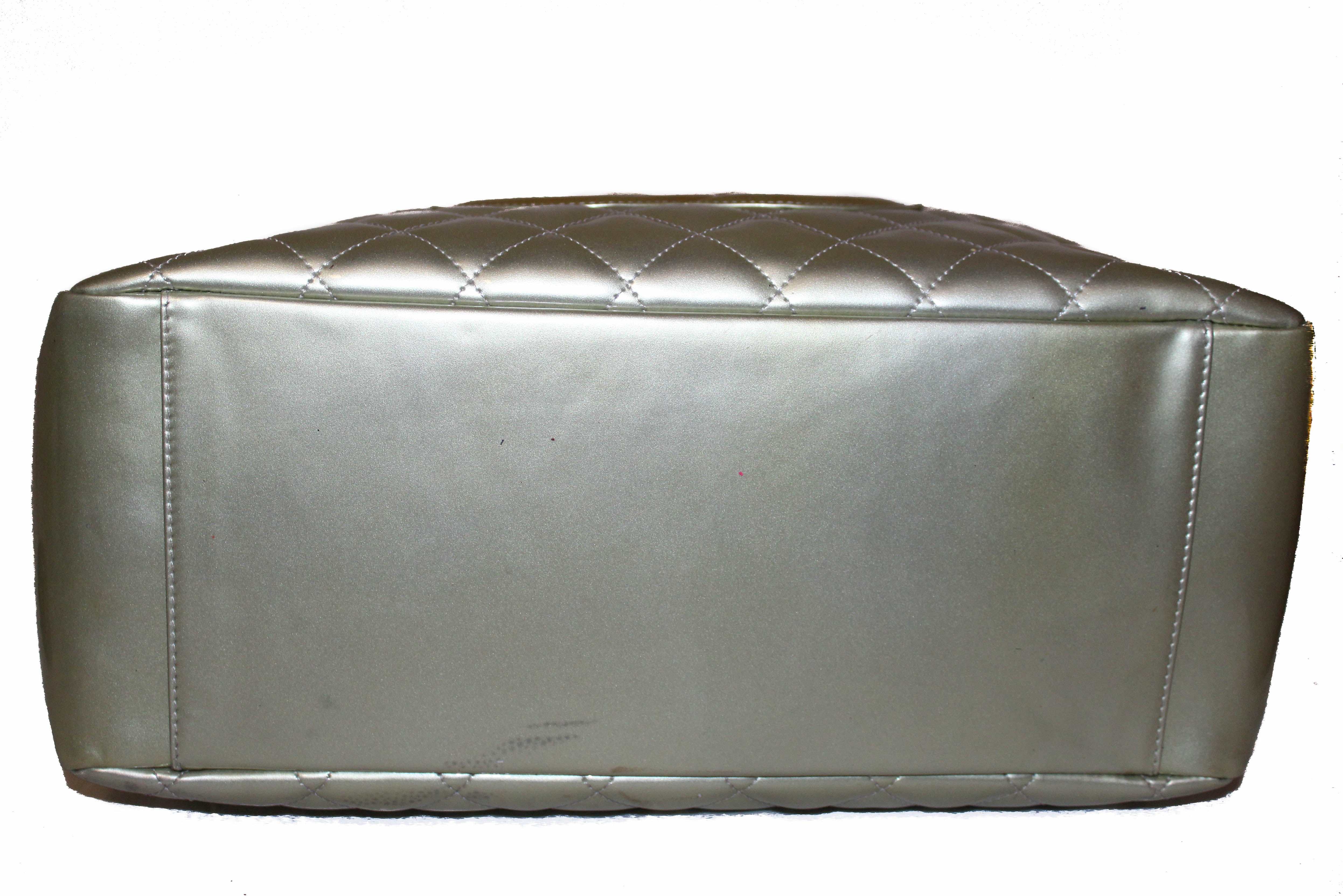 Authentic Chanel Silver Patent Leather Quilted Large Grand Shopping Tote Bag - Luxury Designer Shoulder Bag for Women, Perfect for Work, Travel & Everyday Use