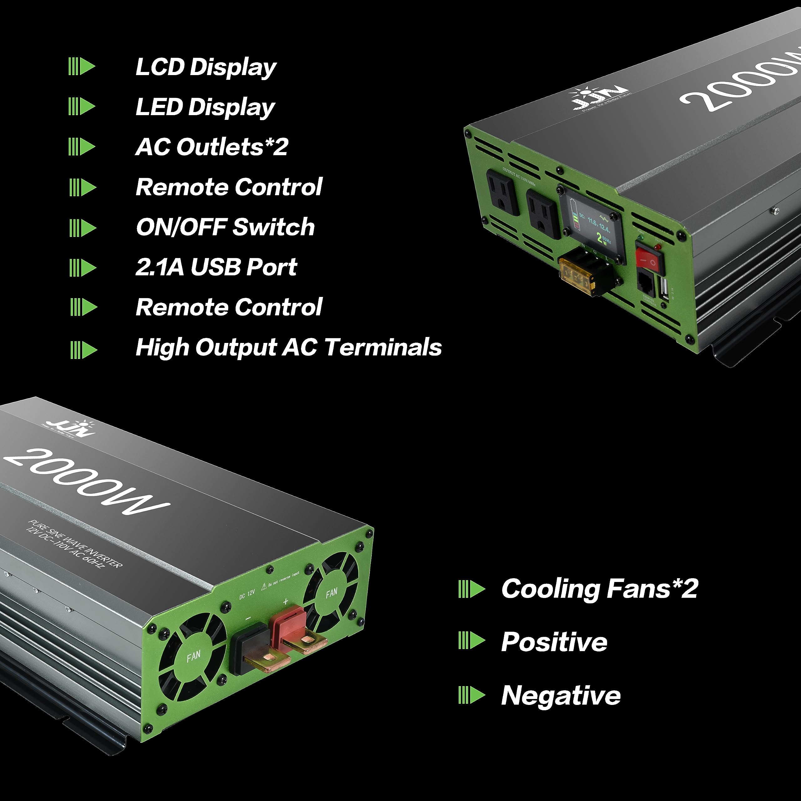 2000W Pure Sine Wave Power Inverter 12V DC to 120V AC with LCD Display & Remote - Solar, RV, Truck, Marine & Home Backup Power Converter for Off-Grid Living, Road Trips & Emergency Power Outages