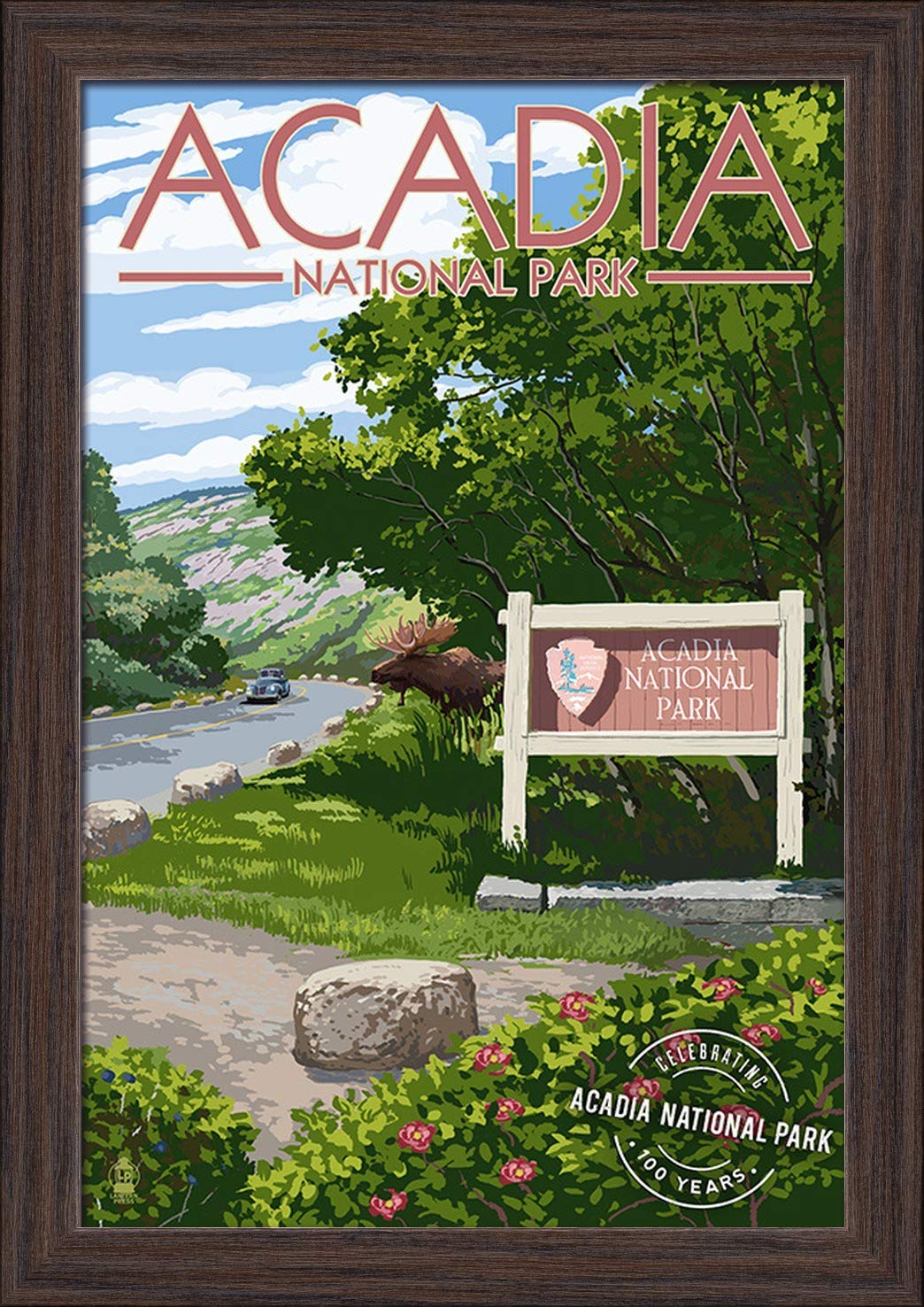 Acadia National Park Moose & Entrance Sign Centennial Rubber Stamp Press - 12x18 Giclee Fine Art Print with Recycled Wood Frame in Espresso Brown - Perfect for Home Decor, Office Wall Art & National Park Enthusiast Gifts