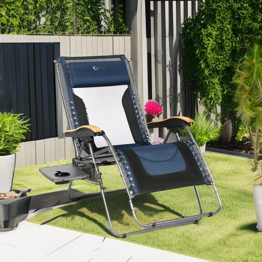 **XL Oversized Mesh Back Zero Gravity Reclining Patio Chair - Heavy Duty 350lbs Capacity, Padded Seat & Adjustable Pillows with Cup Holder - Foldable Lounge Chair for Poolside, Backyard, Lawn, or Beach Relaxation**