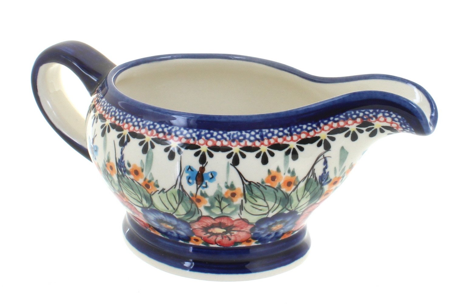 Blue Rose Polish Pottery Floral Butterfly Gravy Boat - Handmade Ceramic Serving Bowl for Sauces, Dressings & Gravy - Perfect for Dinner Parties, Holiday Meals & Elegant Table Settings