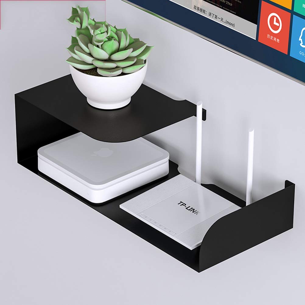 LRZS Wrought Iron Wall Mount Storage Shelf - Set-top Box Organizer, Router Holder, Bedroom Storage Rack - Space Saving Home Decor (Black) | Perfect for Living Room, Bedroom & Office Organization