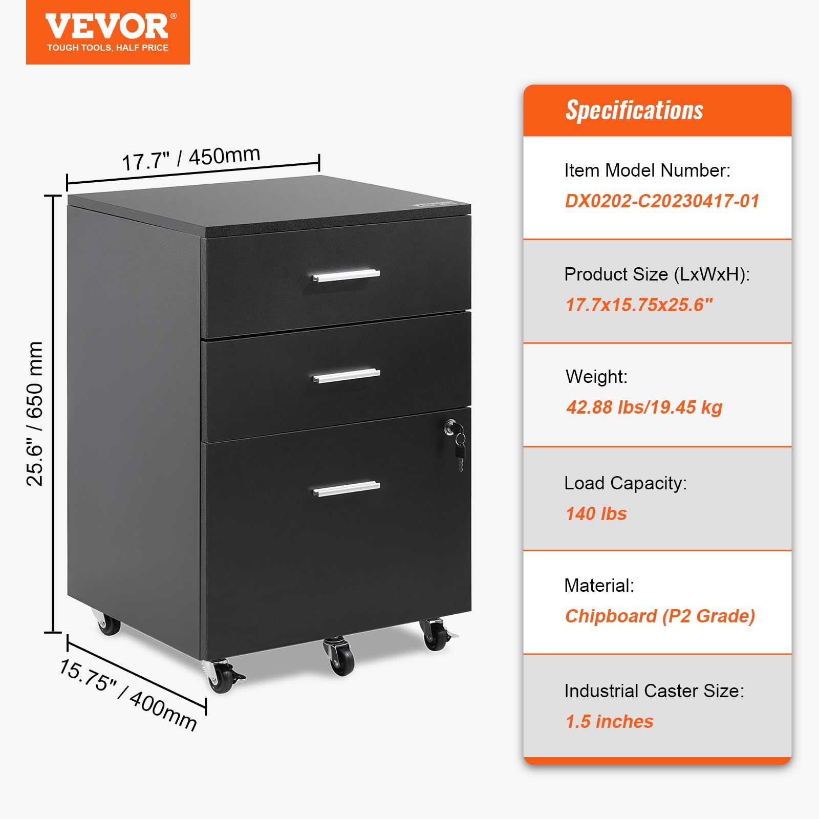 VEVOR 3-Drawer Wood File Cabinet with Lock - Letter/A4 Size Office Storage - 5-Wheel Rolling Design for Home & Office - Black - Perfect for Document Organization & Workspace Storage