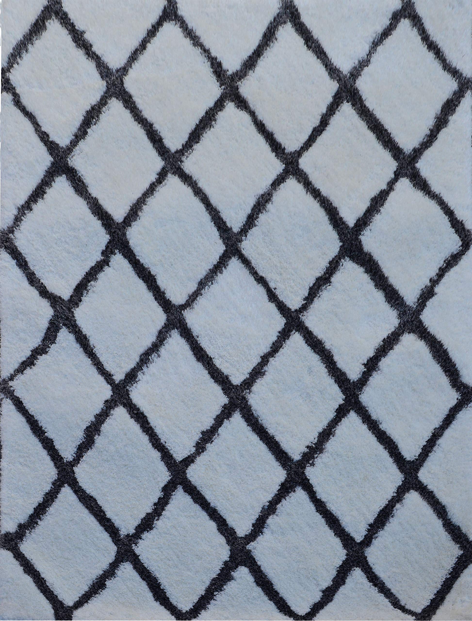 Noble House Inc. Moroccan Area Rug 5x7 Feet - Soft Plush Shaggy Rug, Non-Slip Backing, White and Grey Modern Design for Living Room, Bedroom, Dining Room Decor