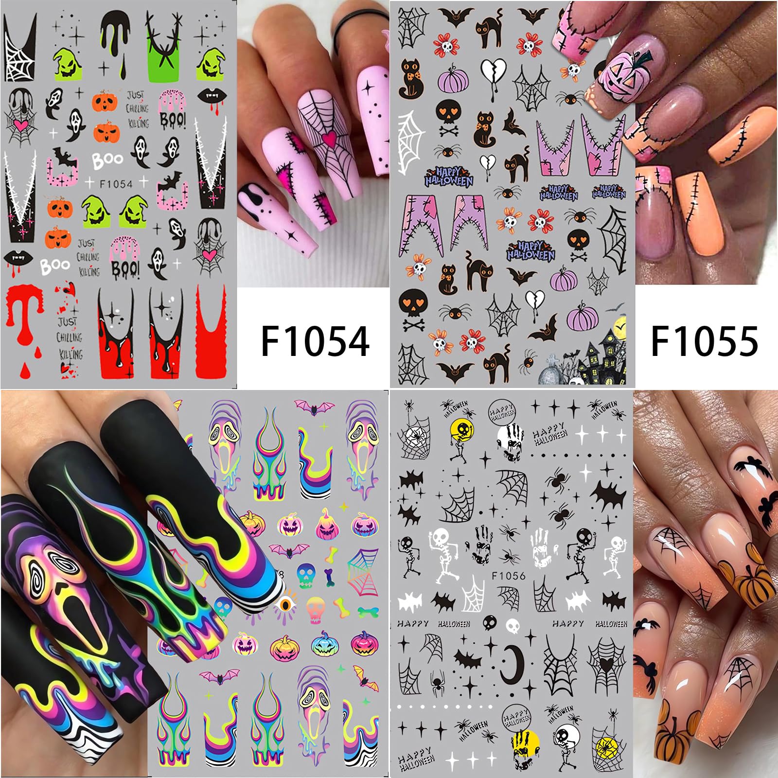 4Pcs Halloween Nail Stickers - Scary Ghost, Pumpkin, Spider, Bat & Skull Designs for Nail Art - French Tip Gel Nail Decals - Perfect for Halloween Parties, Costume Events & Spooky Nail Decorations