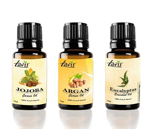 Pure Jojoba Oil, Argan Oil & Eucalyptus Essential Oil Set - 100% Natural for Hair, Skin & Aromatherapy - Perfect for DIY Beauty, Massage & Relaxation