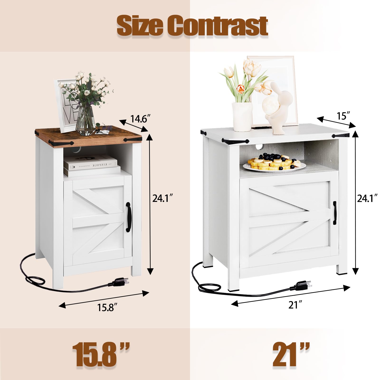 OneinMil 2-Piece Farmhouse End Table Set with USB Charging Station & Barn Door Storage - Nightstand, Sofa Side Table for Living Room, Bedroom - Perfect for Small Spaces & Home Office - White