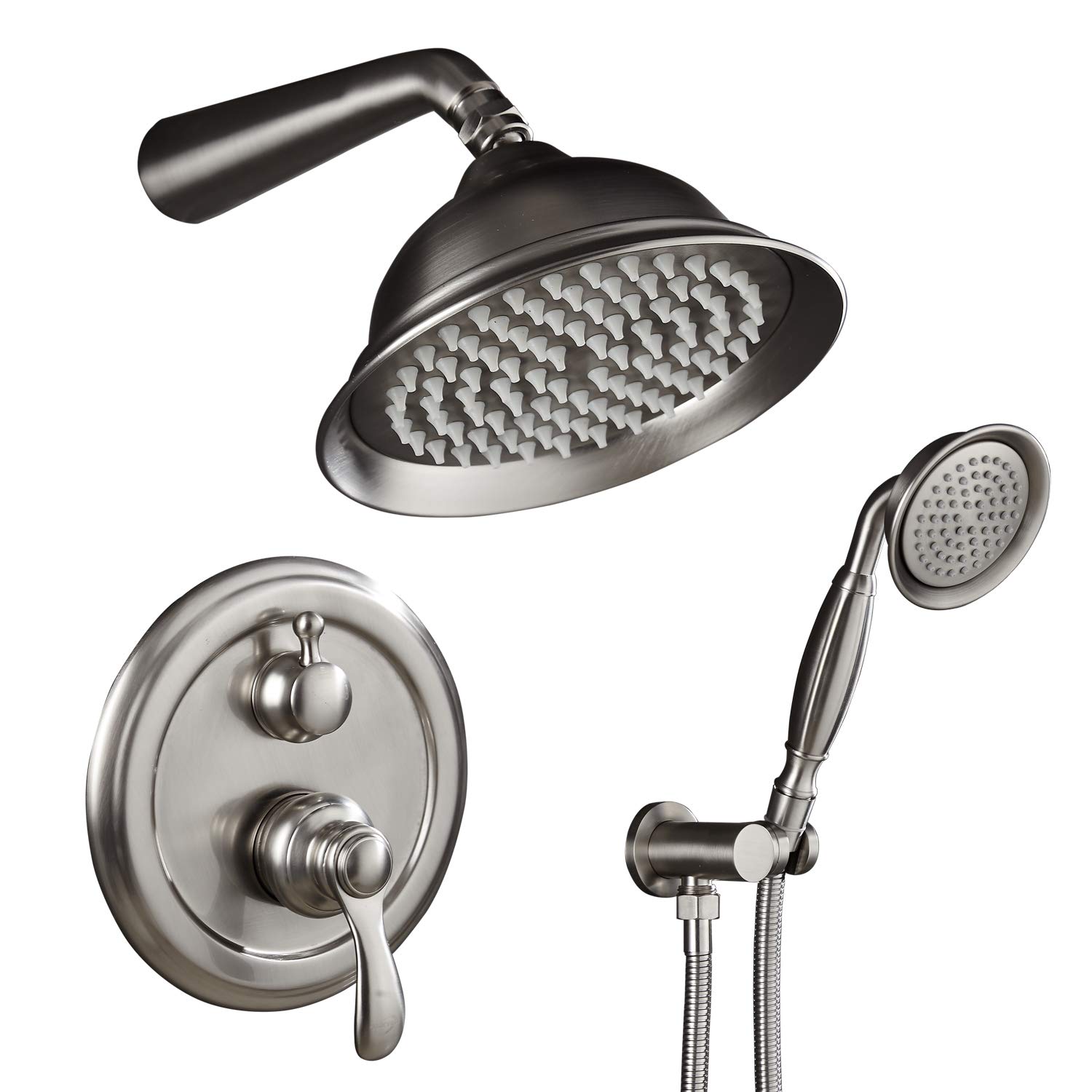 AUKTOPT Brushed Nickel Shower System - Rain Mixer Shower Faucet Set with Adjustable Shower Head & Handheld Sprayer (Includes Trim Kit & Rough-In Valve) for Luxury Bathroom & Spa Experience